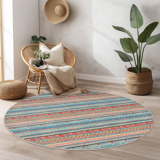 Colorful Striped Round Area Rug, Bohemian Circle Rug, Soft Round Carpet for Kids Room, Playroom Decor, Nursery Rug, Vibrant Floor Mat
