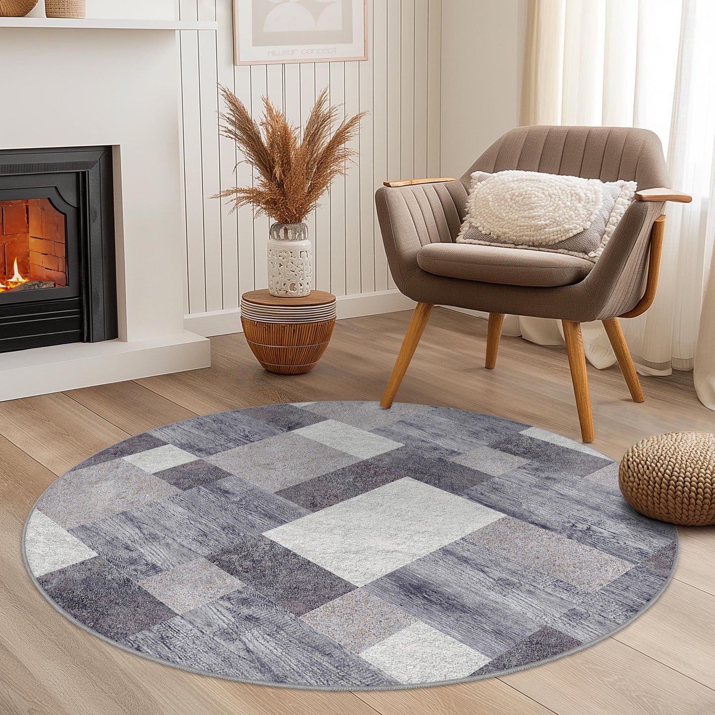 Modern Geometric Round Area Rug, Stylish Grey Round Carpet, Soft Living Room Rug, Contemporary Round Rug, Unique Home Decor