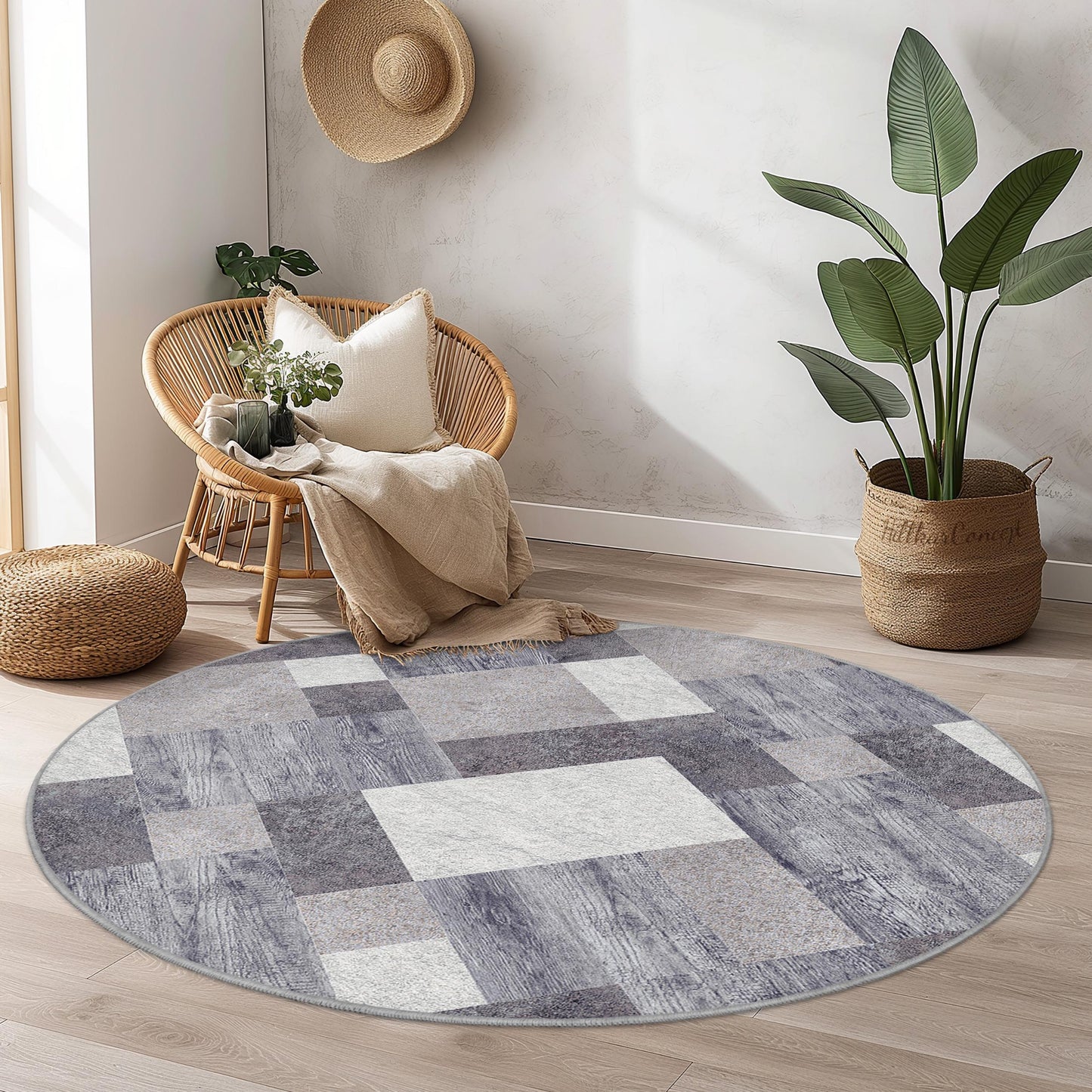 Modern Geometric Round Area Rug, Stylish Grey Round Carpet, Soft Living Room Rug, Contemporary Round Rug, Unique Home Decor