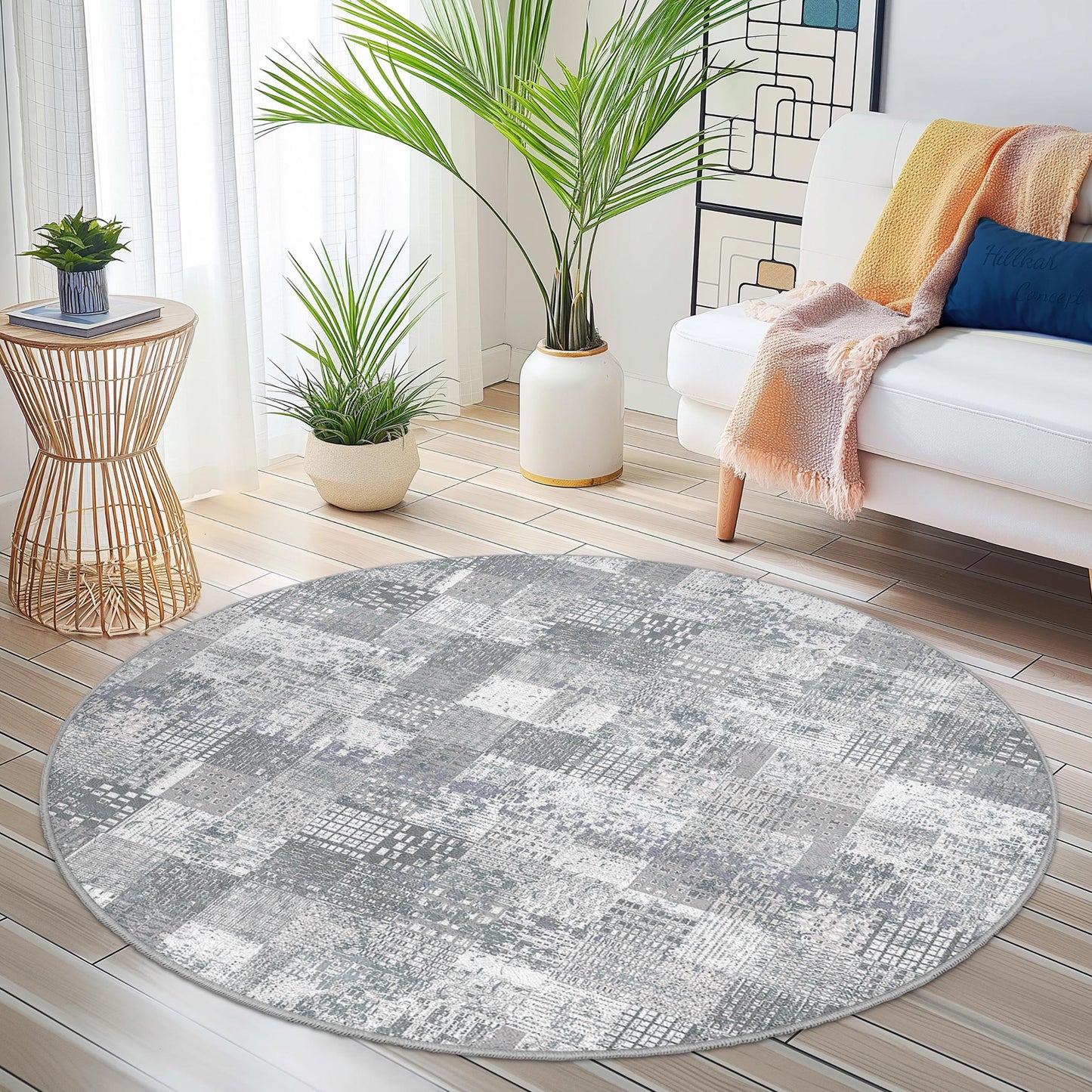 Modern Geometric Round Area Rug, Gray Patchwork Round Carpet, Soft Living Room Rug, Contemporary Home Decor, Stylish Round Rug