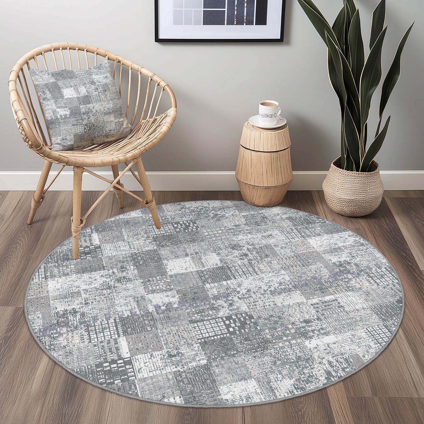 Modern Geometric Round Area Rug, Gray Patchwork Round Carpet, Soft Living Room Rug, Contemporary Home Decor, Stylish Round Rug