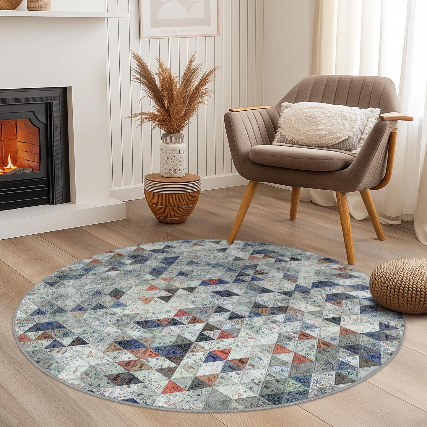 Geometric Pattern Round Area Rug, Bohemian Style Round Rug, Soft Cozy Round Carpet for Living Room or Bedroom, Decorative Floor Mat