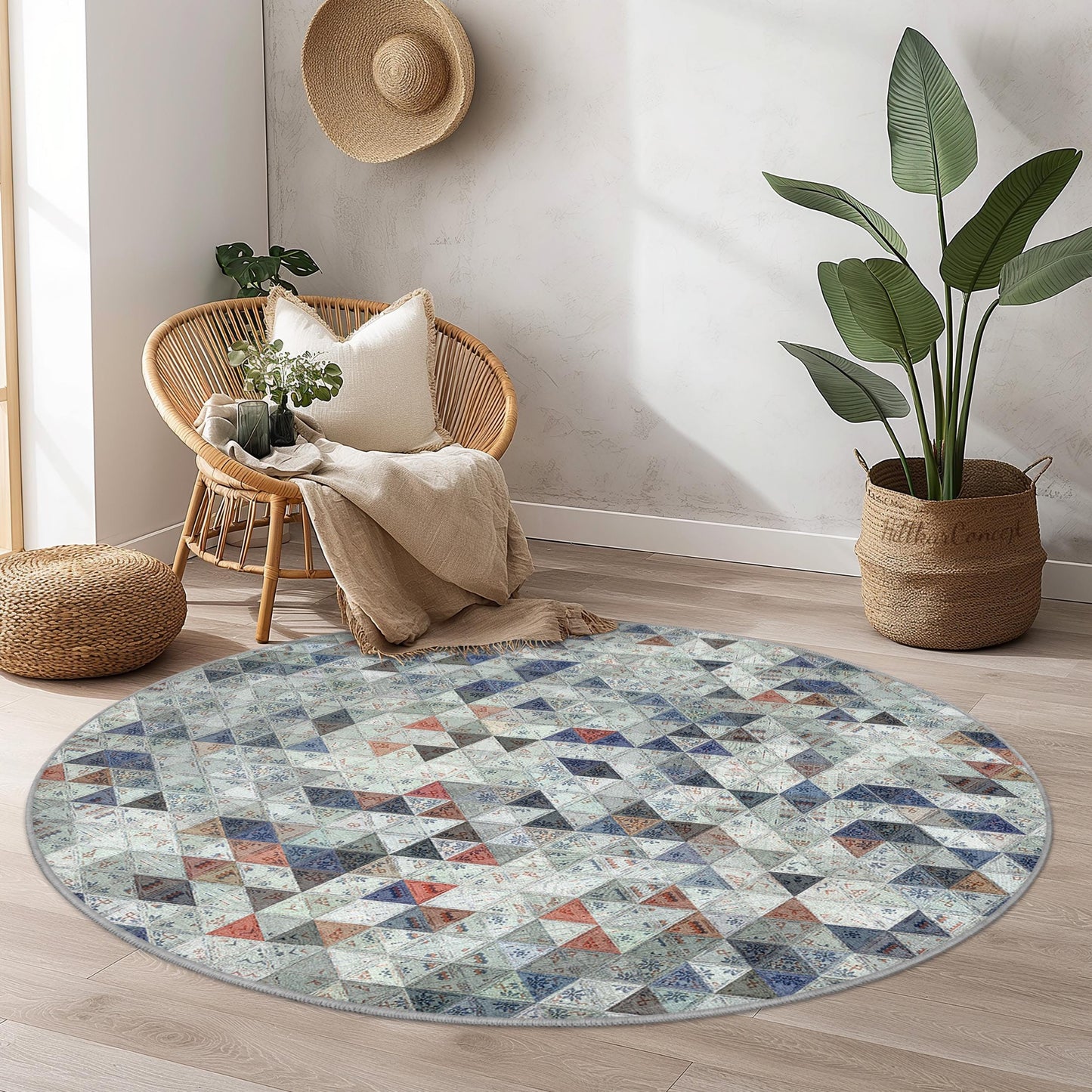 Geometric Pattern Round Area Rug, Bohemian Style Round Rug, Soft Cozy Round Carpet for Living Room or Bedroom, Decorative Floor Mat
