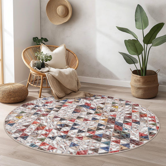 Colorful Geometric Triangle Pattern Round Rug, Modern Area Rug, Bohemian Style Home Decor, Circle Carpet for Living Room, Bedroom