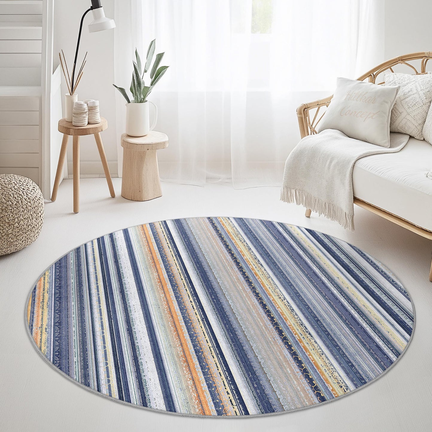 Nautical Striped Round Rug, Blue and Beige Area Rug, Coastal Decor for Kids Room, Soft Circular Rug, Beach House Rug