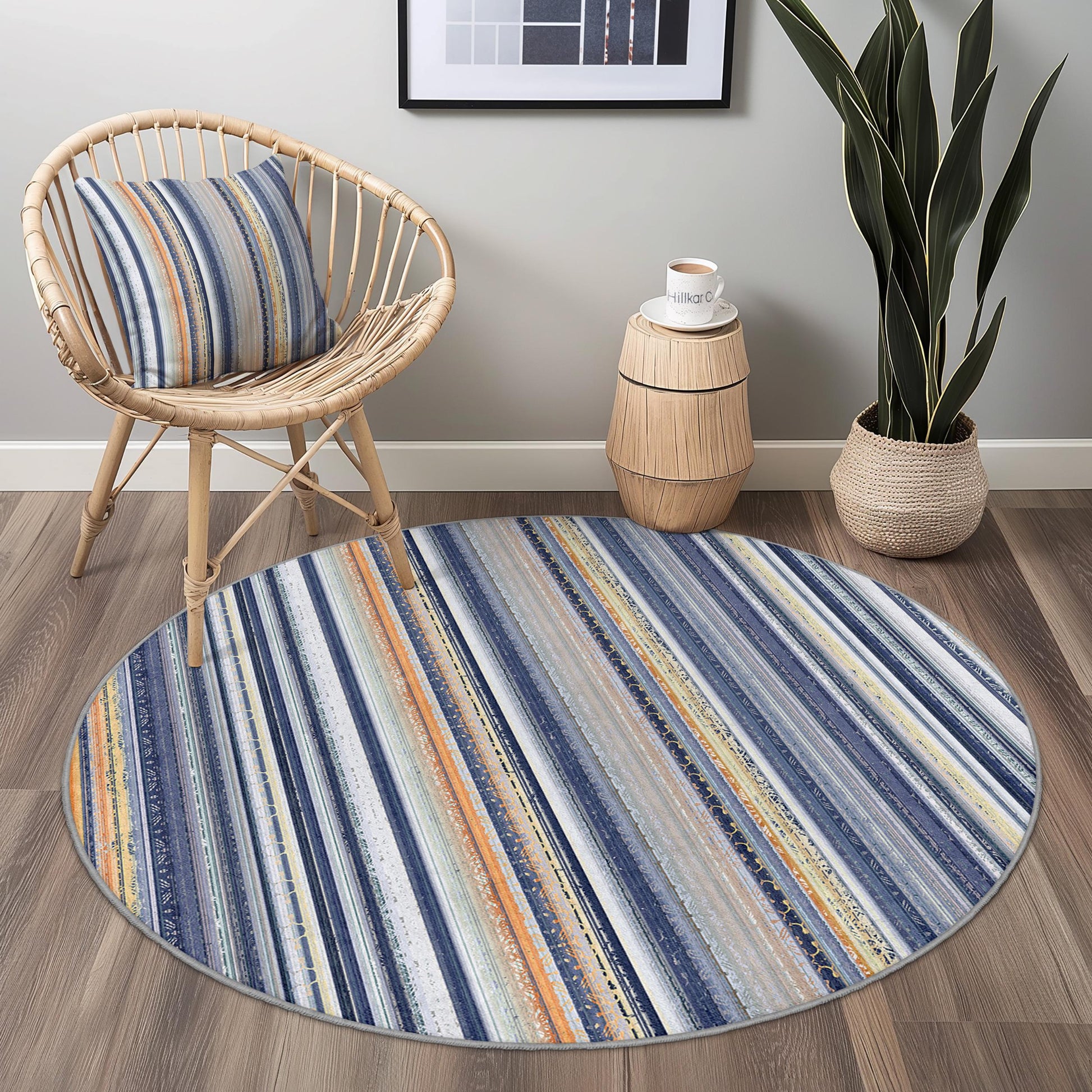 Nautical Striped Round Rug, Blue and Beige Area Rug, Coastal Decor for Kids Room, Soft Circular Rug, Beach House Rug