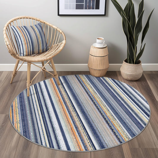 Nautical Striped Round Rug, Blue and Beige Area Rug, Coastal Decor for Kids Room, Soft Circular Rug, Beach House Rug
