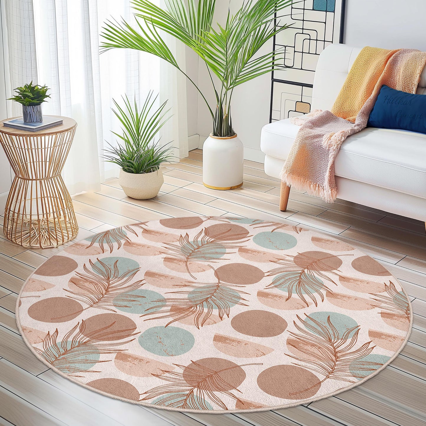 Tropical Leaf Round Area Rug, Boho Circle Carpet, Soft Round Rug for Living Room, Floral Round Mat, Home Decor Accessories