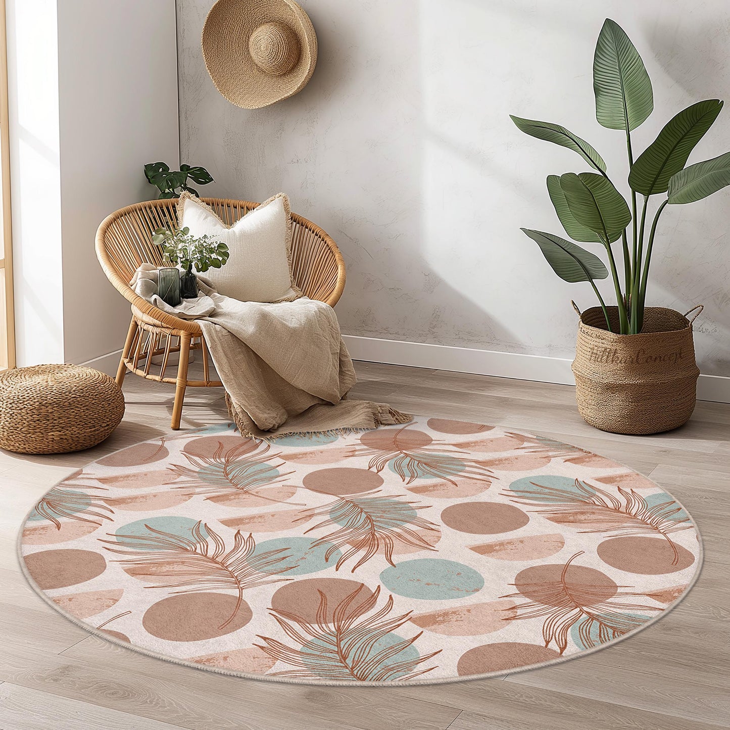 Tropical Leaf Round Area Rug, Boho Circle Carpet, Soft Round Rug for Living Room, Floral Round Mat, Home Decor Accessories