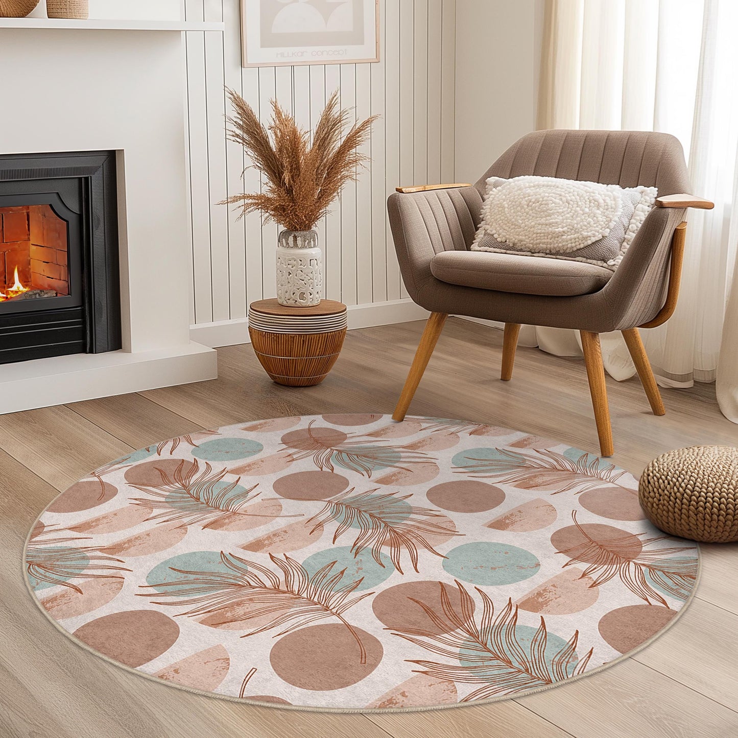 Tropical Leaf Round Area Rug, Boho Circle Carpet, Soft Round Rug for Living Room, Floral Round Mat, Home Decor Accessories