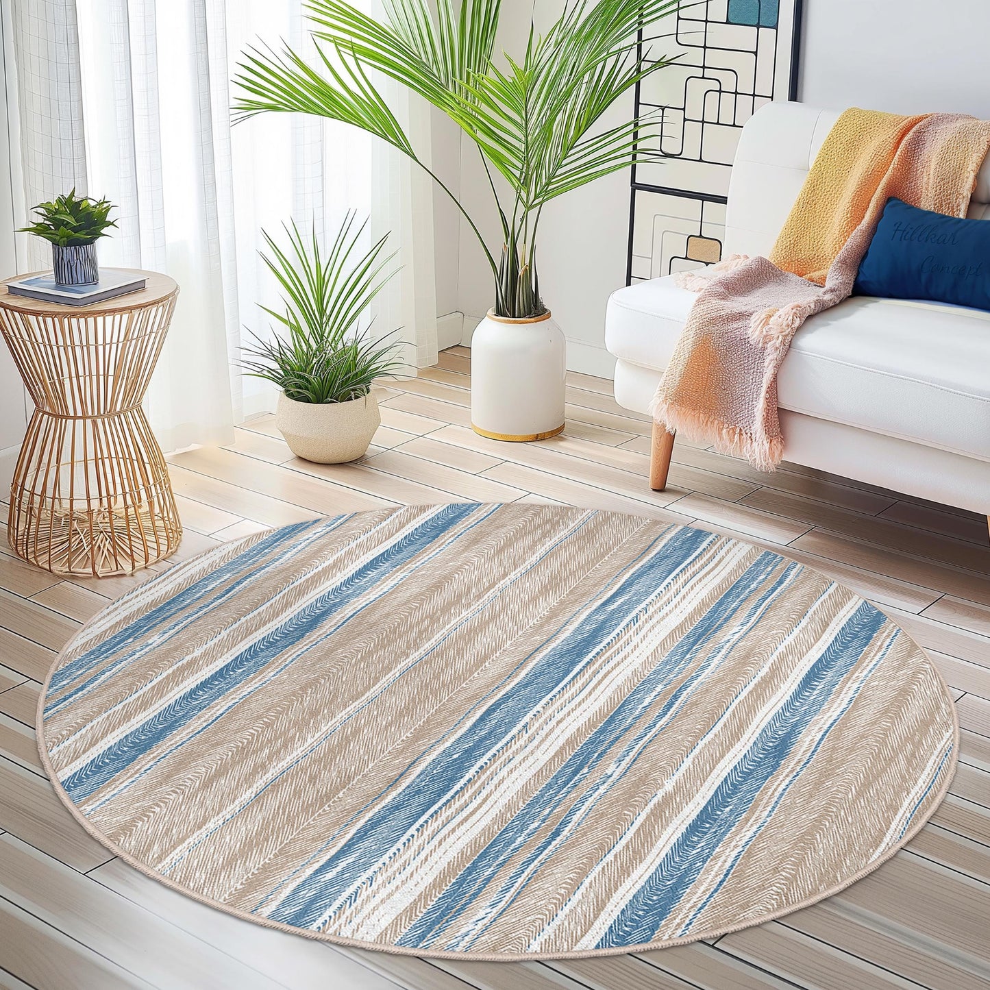 Modern Striped Round Area Rug, Soft Circular Carpet, Bohemian Style Living Room Decor, Cozy Bedroom Rug, Indoor Home Flooring