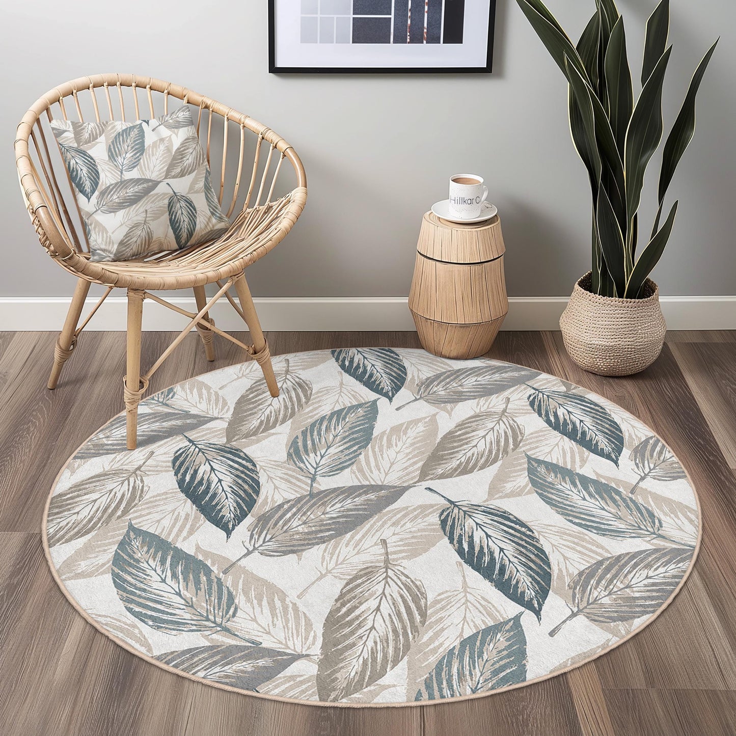 Elegant Round Leaf Pattern Area Rug, Botanical Leaf Design Carpet, Soft Round Rug for Living Room, Bedroom, Home Decor
