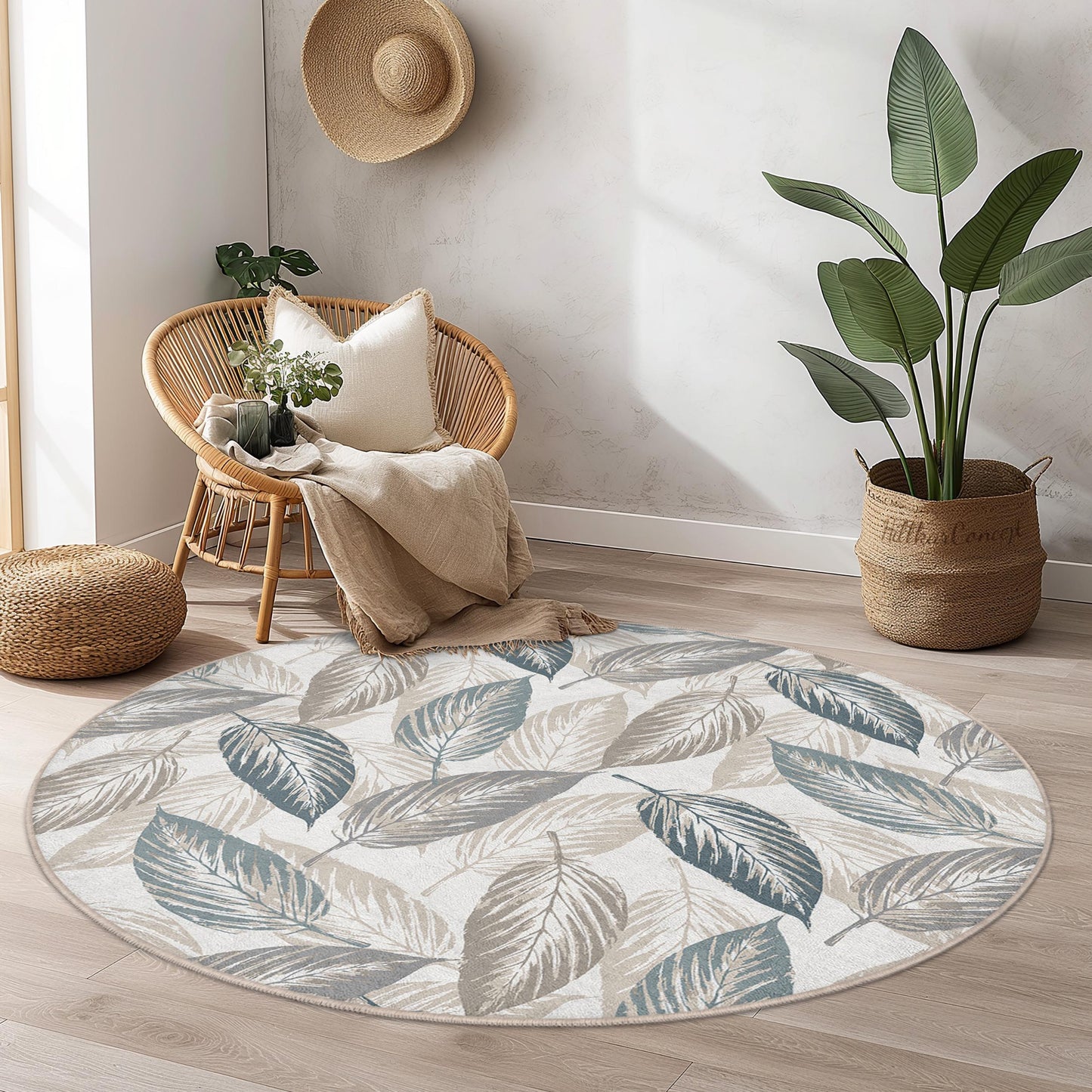 Elegant Round Leaf Pattern Area Rug, Botanical Leaf Design Carpet, Soft Round Rug for Living Room, Bedroom, Home Decor