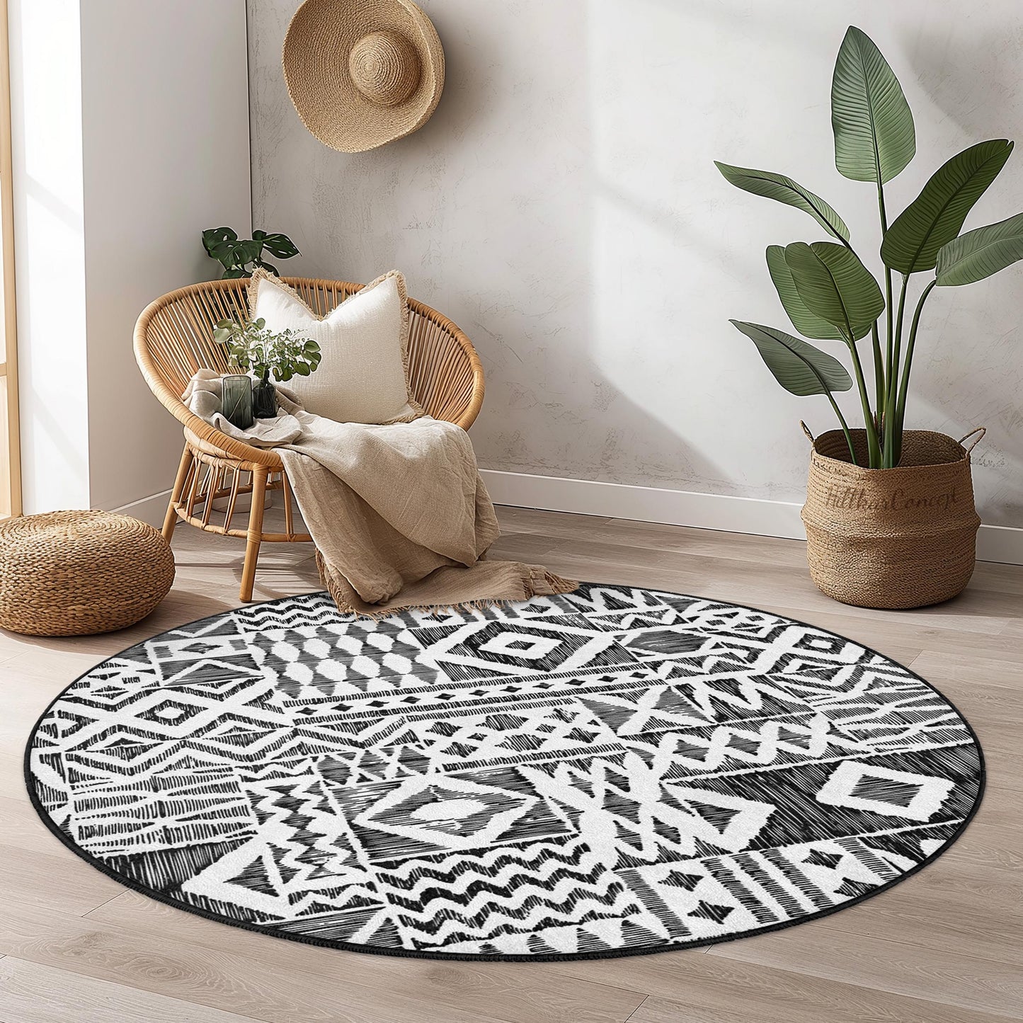 Modern Black and White Geometric Round Area Rug, Stylish Round Carpet for Home Decor, Contemporary Round Rug, Unique Living Room Accent
