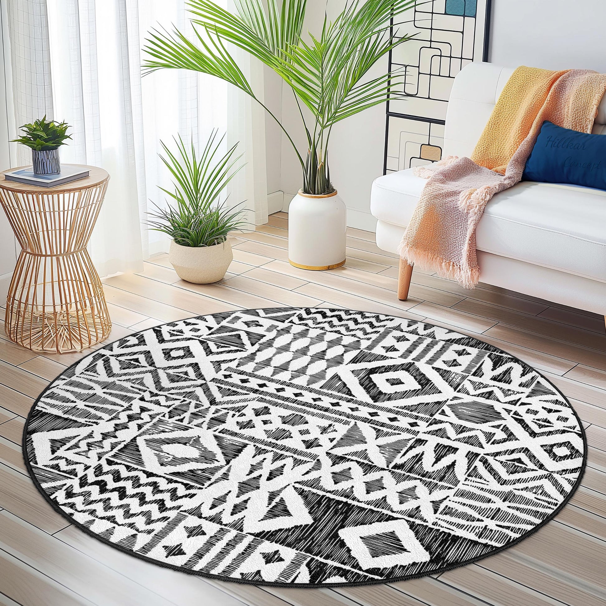Modern Black and White Geometric Round Area Rug, Stylish Round Carpet for Home Decor, Contemporary Round Rug, Unique Living Room Accent
