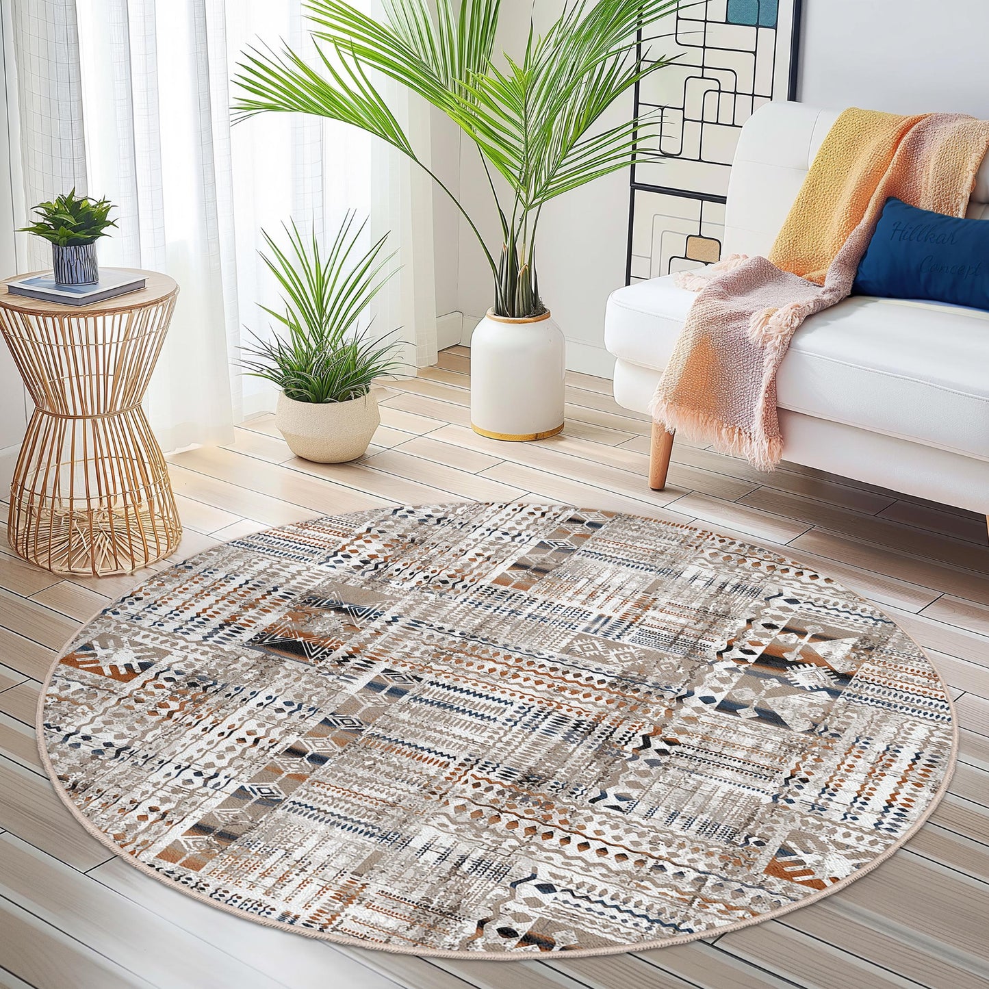 Bohemian Round Area Rug, Patterned Round Carpet, Cozy Living Room Decor, Unique Round Rug, Modern Home Textile, Chic Floor Covering