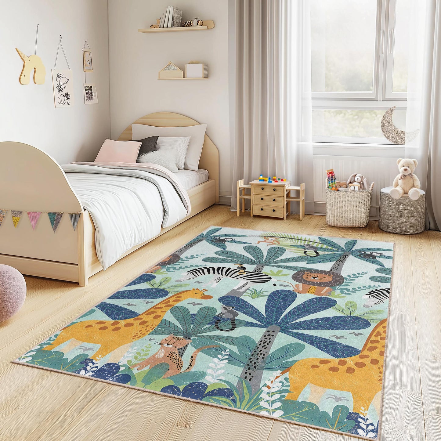 Jungle Safari Kids Area Rug, Animal Print Rectangular Rug for Nursery, Playroom Decor, Soft Carpet for Children