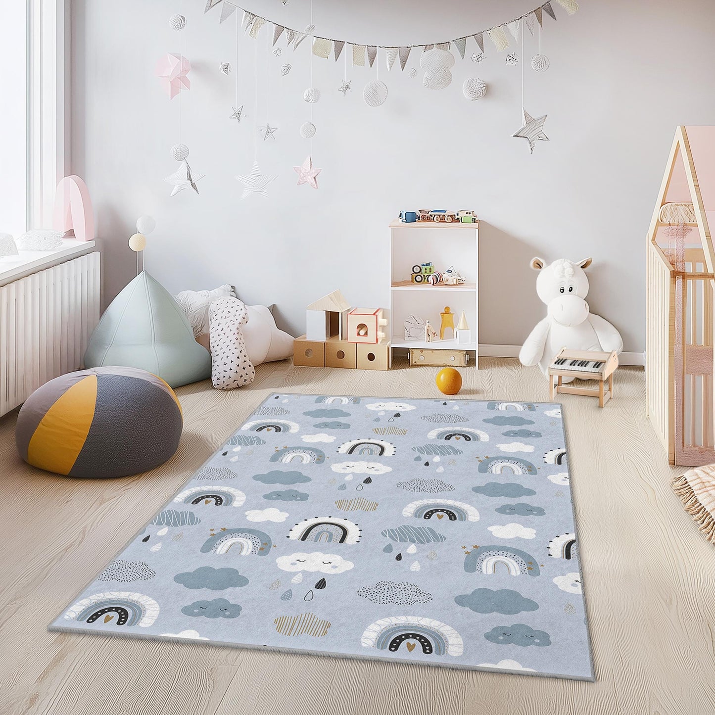 Cute Rainbow Pattern Rectangular Kids Rug, Soft Nursery Carpet, Playroom Decor, Clouds and Rainbows Rug, Adorable Kids Room Rug