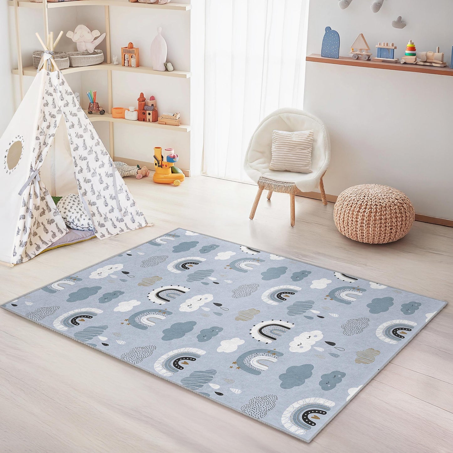Cute Rainbow Pattern Rectangular Kids Rug, Soft Nursery Carpet, Playroom Decor, Clouds and Rainbows Rug, Adorable Kids Room Rug