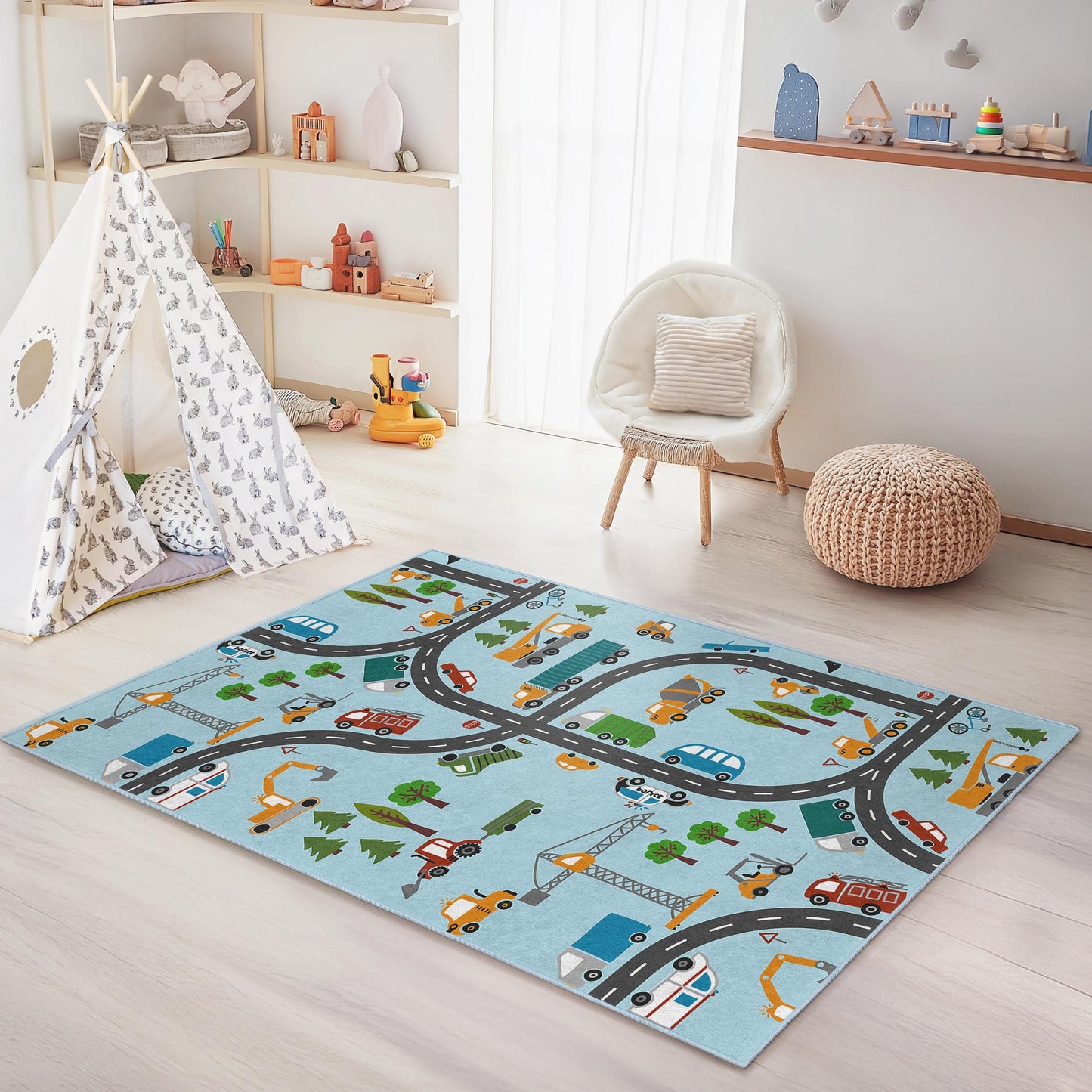 Construction Site Kids Play Rug, Truck and Vehicle Patterned Rectangular Rug, Road Map Carpet for Kids Room, Nursery Decor