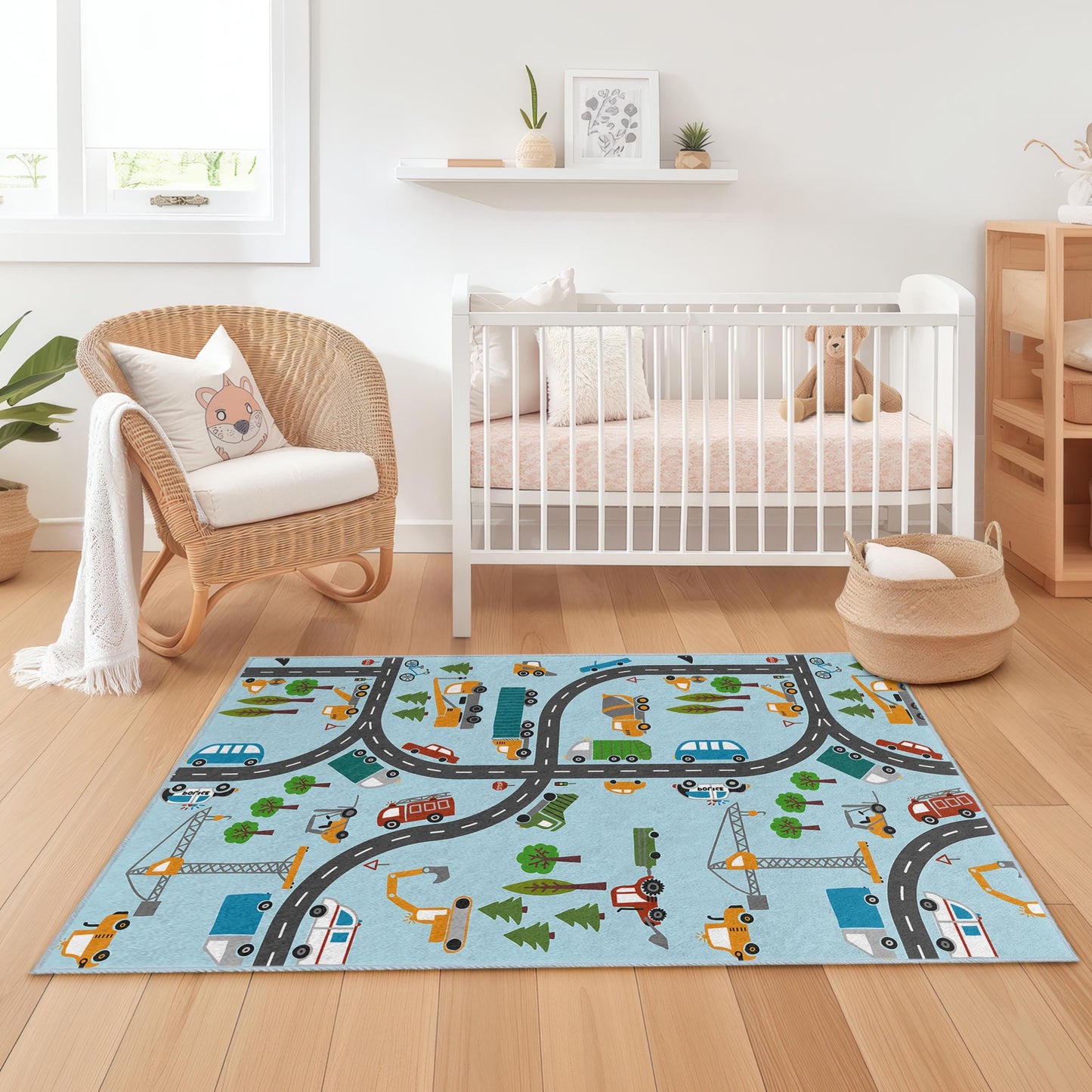 Construction Site Kids Play Rug, Truck and Vehicle Patterned Rectangular Rug, Road Map Carpet for Kids Room, Nursery Decor