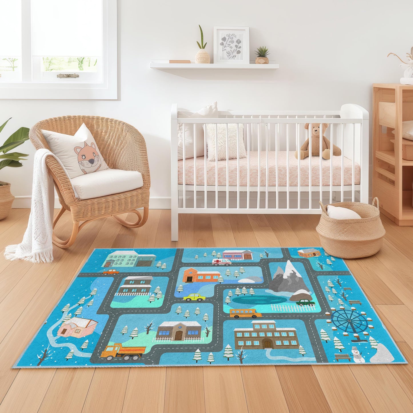 Winter Wonderland Kids Play Rug, Snowy Road Map Carpet, Rectangle Play Mat for Children, Cozy Nursery Decor, Interactive Kids Rug