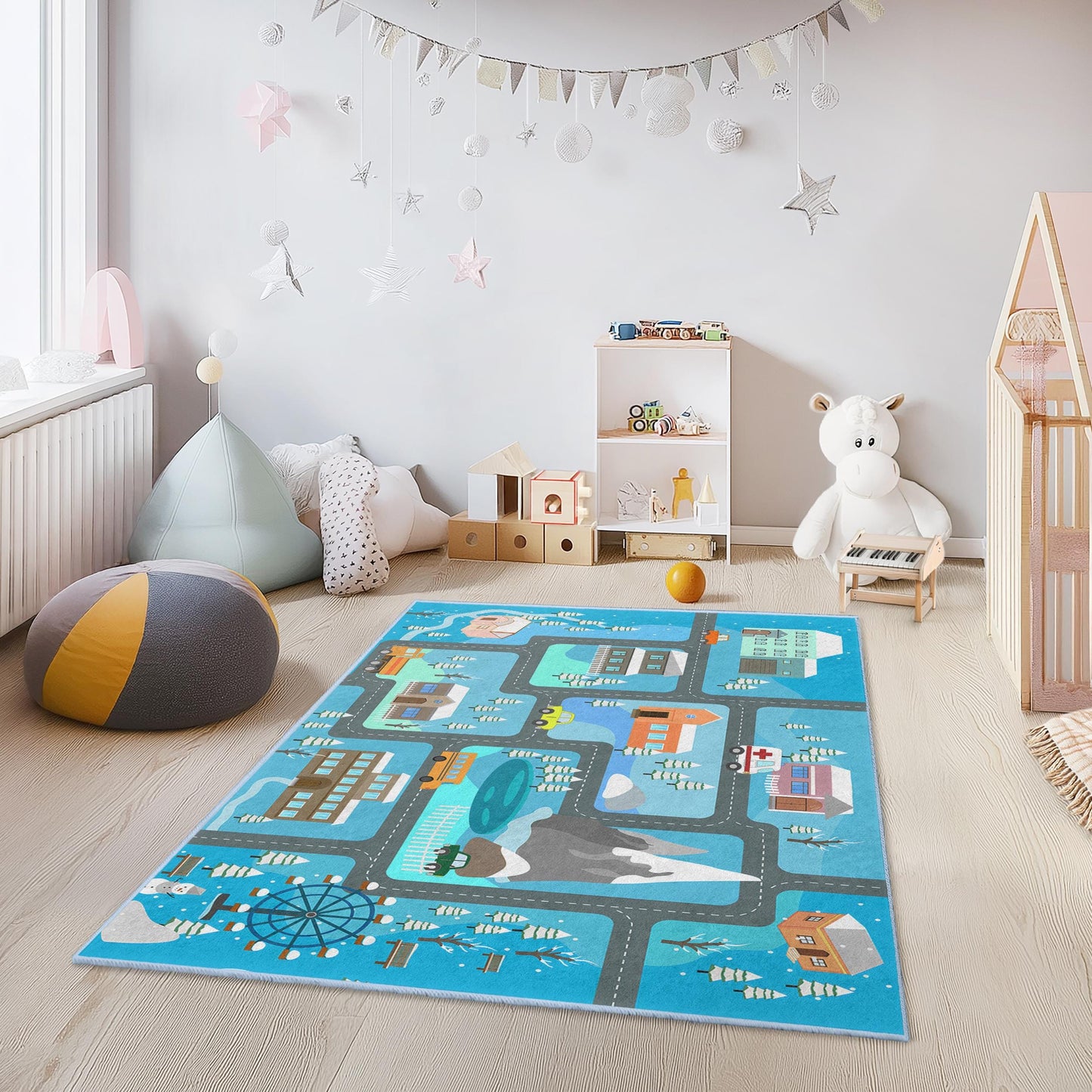 Winter Wonderland Kids Play Rug, Snowy Road Map Carpet, Rectangle Play Mat for Children, Cozy Nursery Decor, Interactive Kids Rug