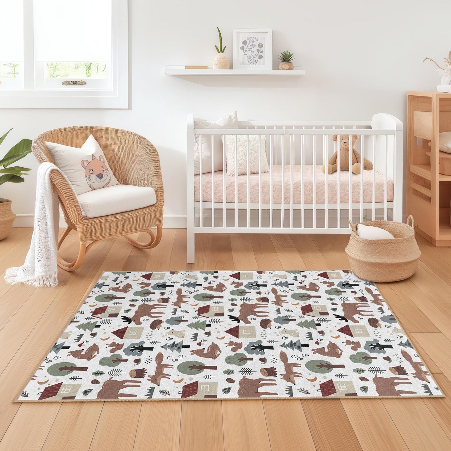 Whimsical Woodland Animal Kids Rug, Rectangular Forest Theme Carpet, Children Room Decor, Cute Animal Play Mat, Nursery Rug
