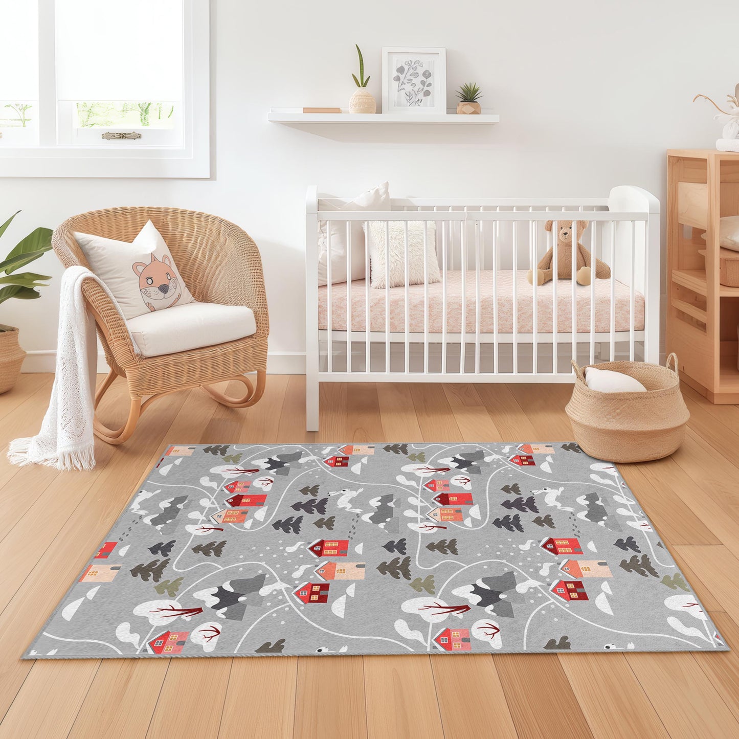 Cozy Winter Village Rectangular Kids Rug, Snowy Landscape Rug, Children's Playroom Decor, Kids Room Carpet, Soft Family Rug
