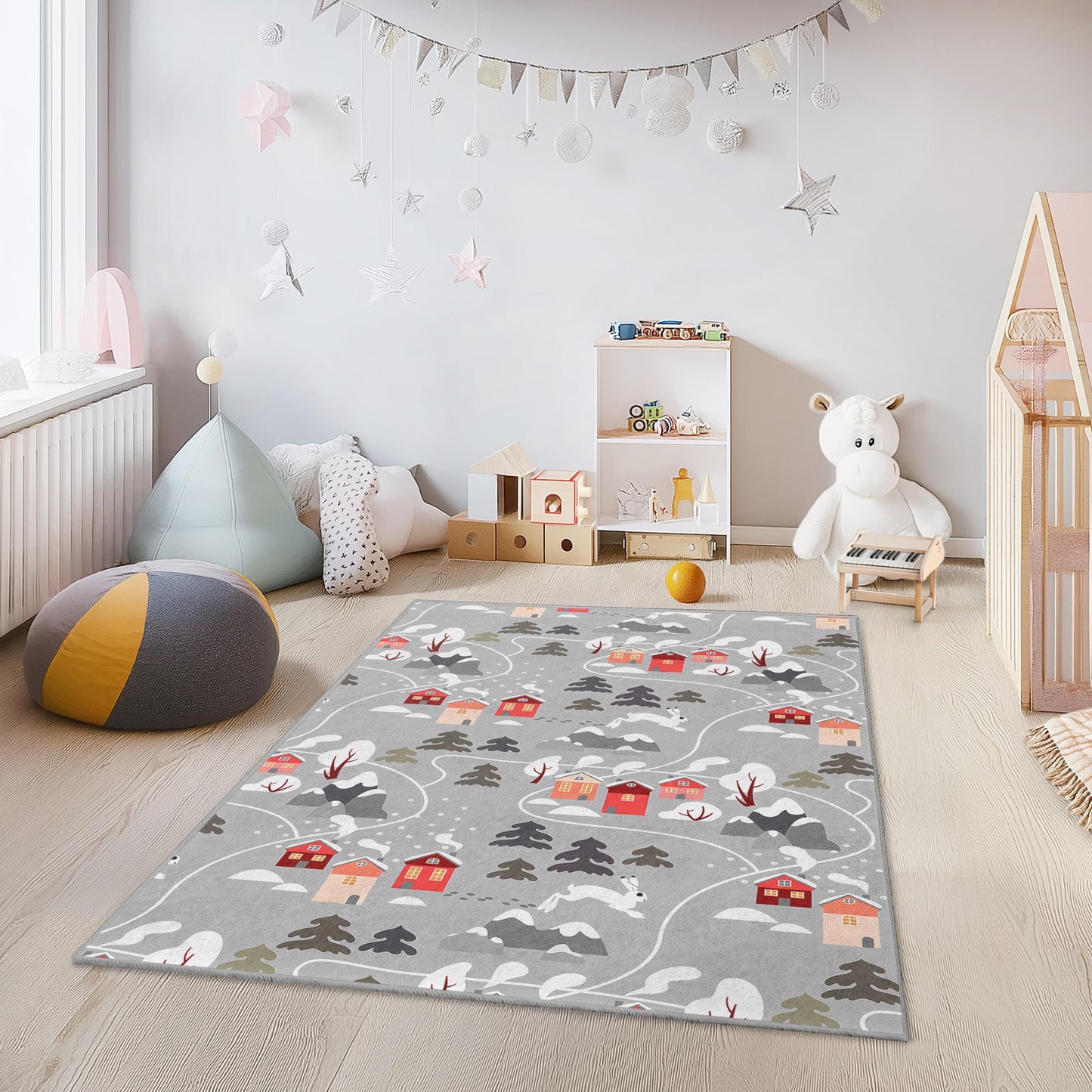 Cozy Winter Village Rectangular Kids Rug, Snowy Landscape Rug, Children's Playroom Decor, Kids Room Carpet, Soft Family Rug