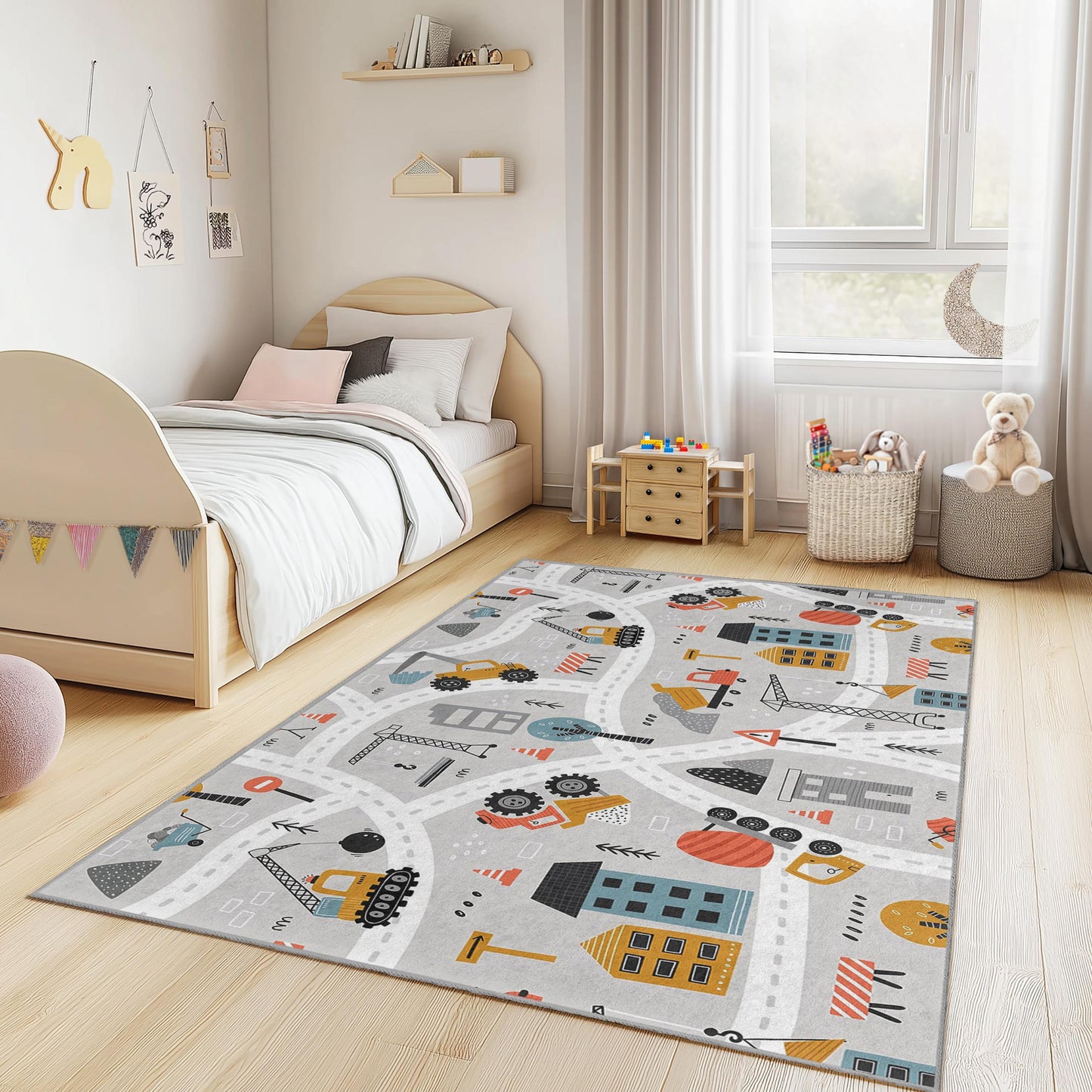 Construction Zone Kids Rug, Rectangular Play Mat, Building Site Carpet for Boys Room, Soft Nursery Decor, Kid's Playroom Rug