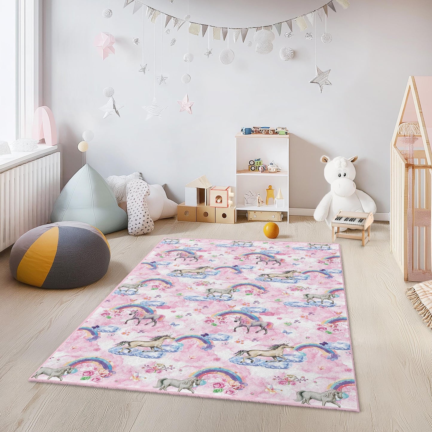 Unicorn Rainbow Kids Rug, Magical Unicorn Carpet, Rectangle Rug for Kids Room, Cute Nursery Decor, Rainbow Play Mat