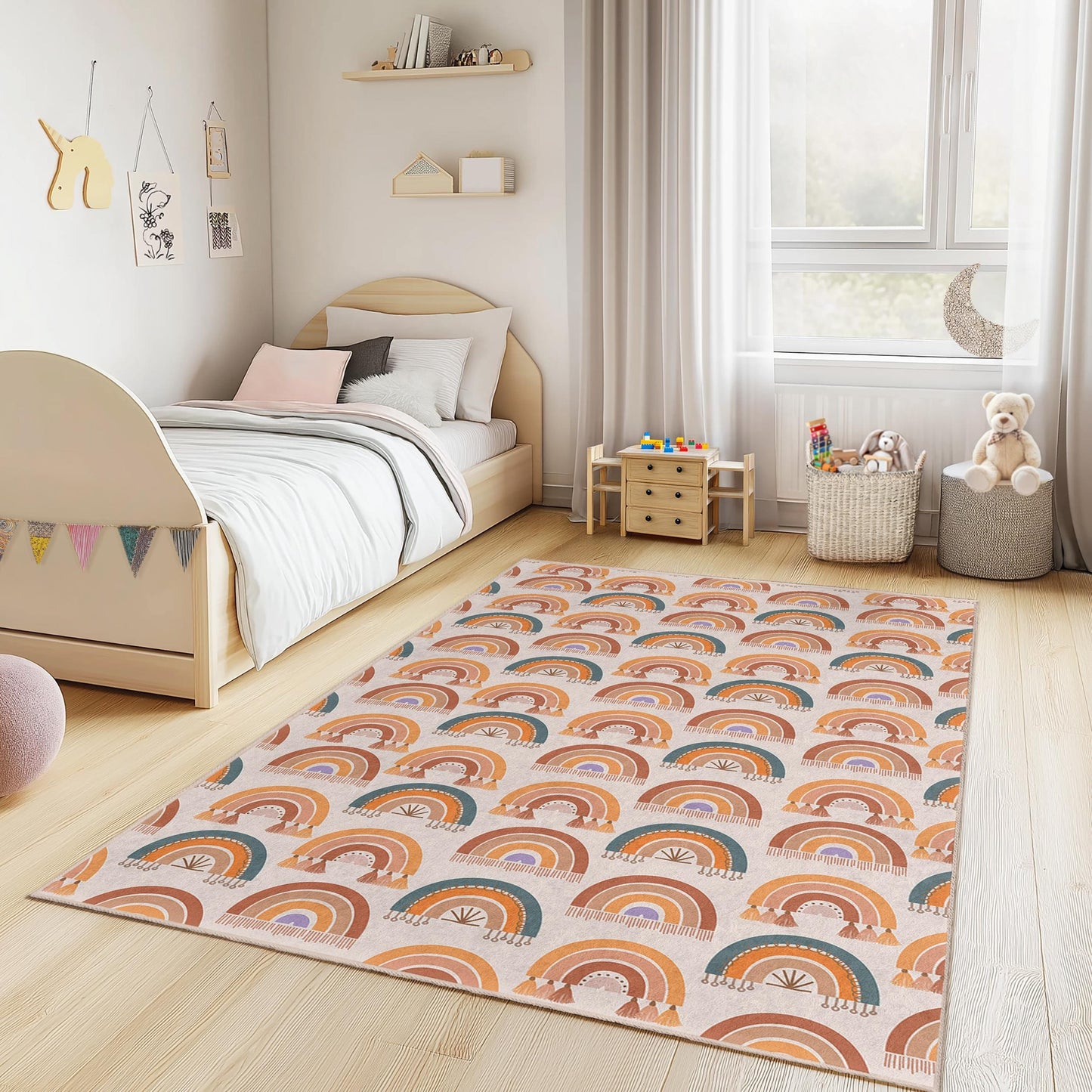 Rainbow Pattern Rectangular Kids Rug, Colorful Nursery Carpet, Playroom Decor, Soft Children's Rug, Rainbow Design Rug
