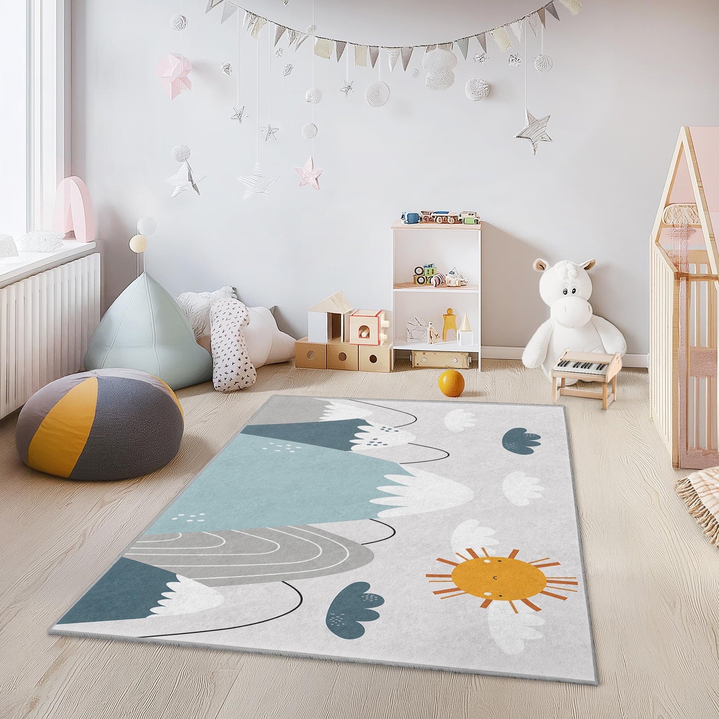 Mountain Adventure Kids Rug, Nature Theme Rectangular Rug, Playroom Decor, Nursery Rug, Kids Bedroom Carpet, Soft Play Mat