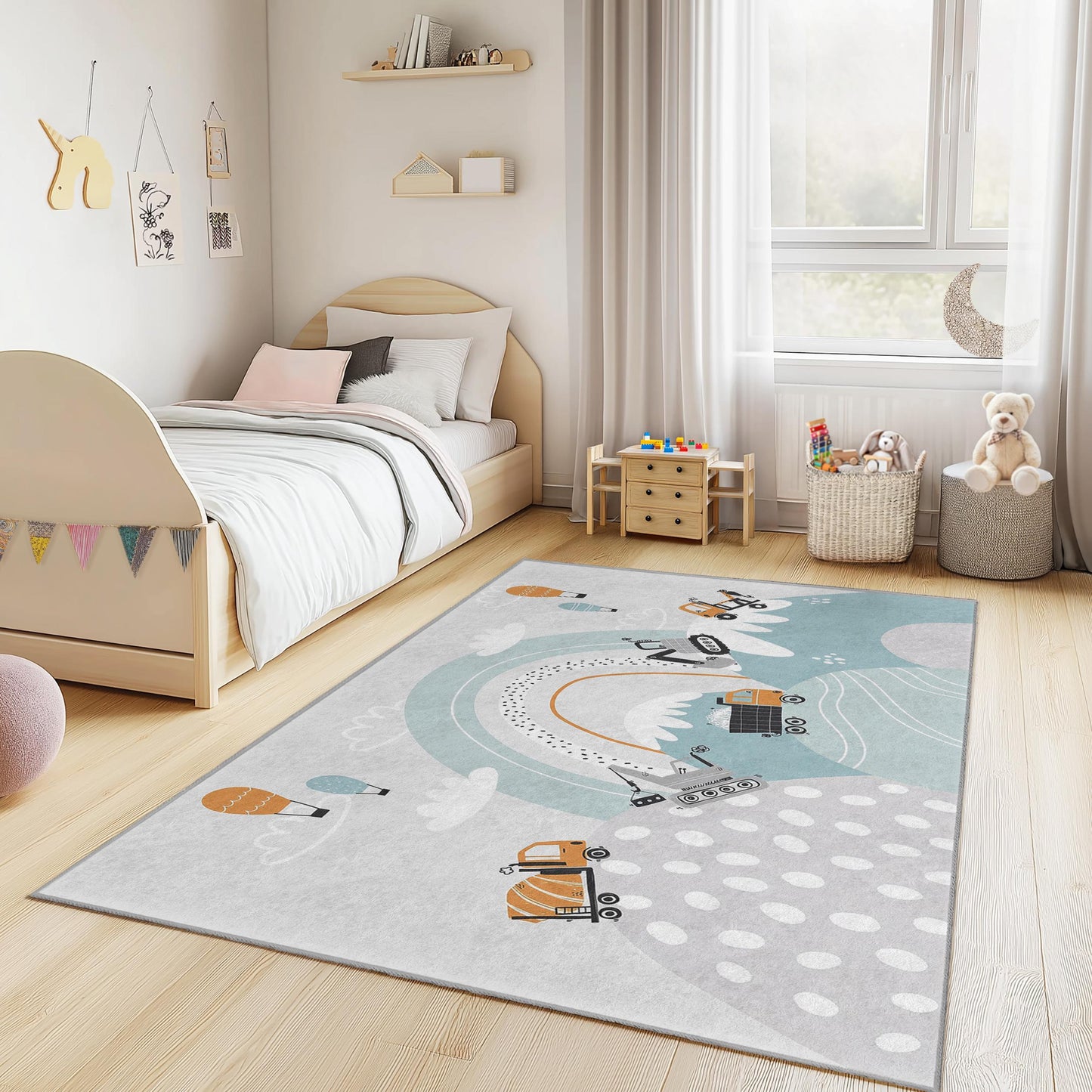 Construction Trucks Kids Rug, Playful Rectangular Rug for Childrens Room, Soft Nursery Decor, Fun Play Mat for Boys and Girls