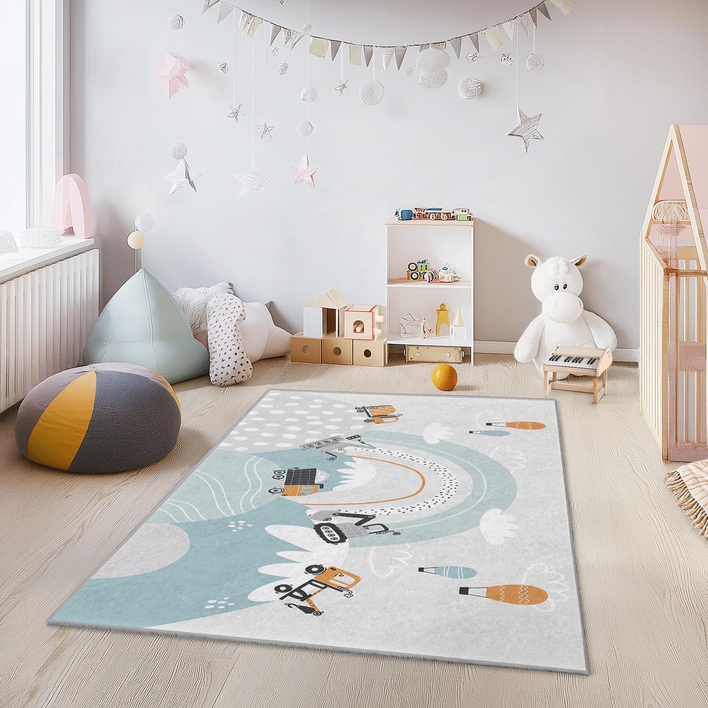 Construction Trucks Kids Rug, Playful Rectangular Rug for Childrens Room, Soft Nursery Decor, Fun Play Mat for Boys and Girls
