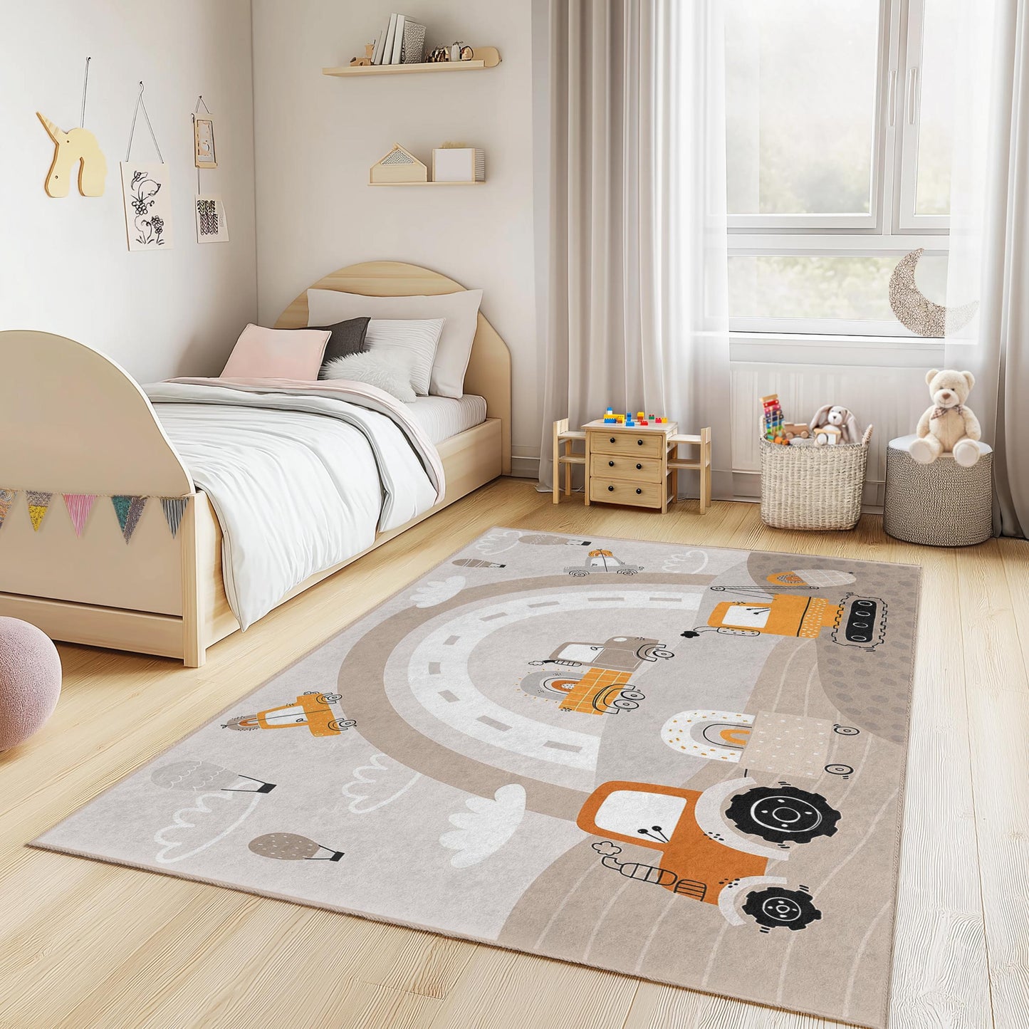 Construction Trucks Kids Rug, Fun Playroom Carpet, Rectangle Rug for Kids Room, Vehicle Theme Nursery Decor
