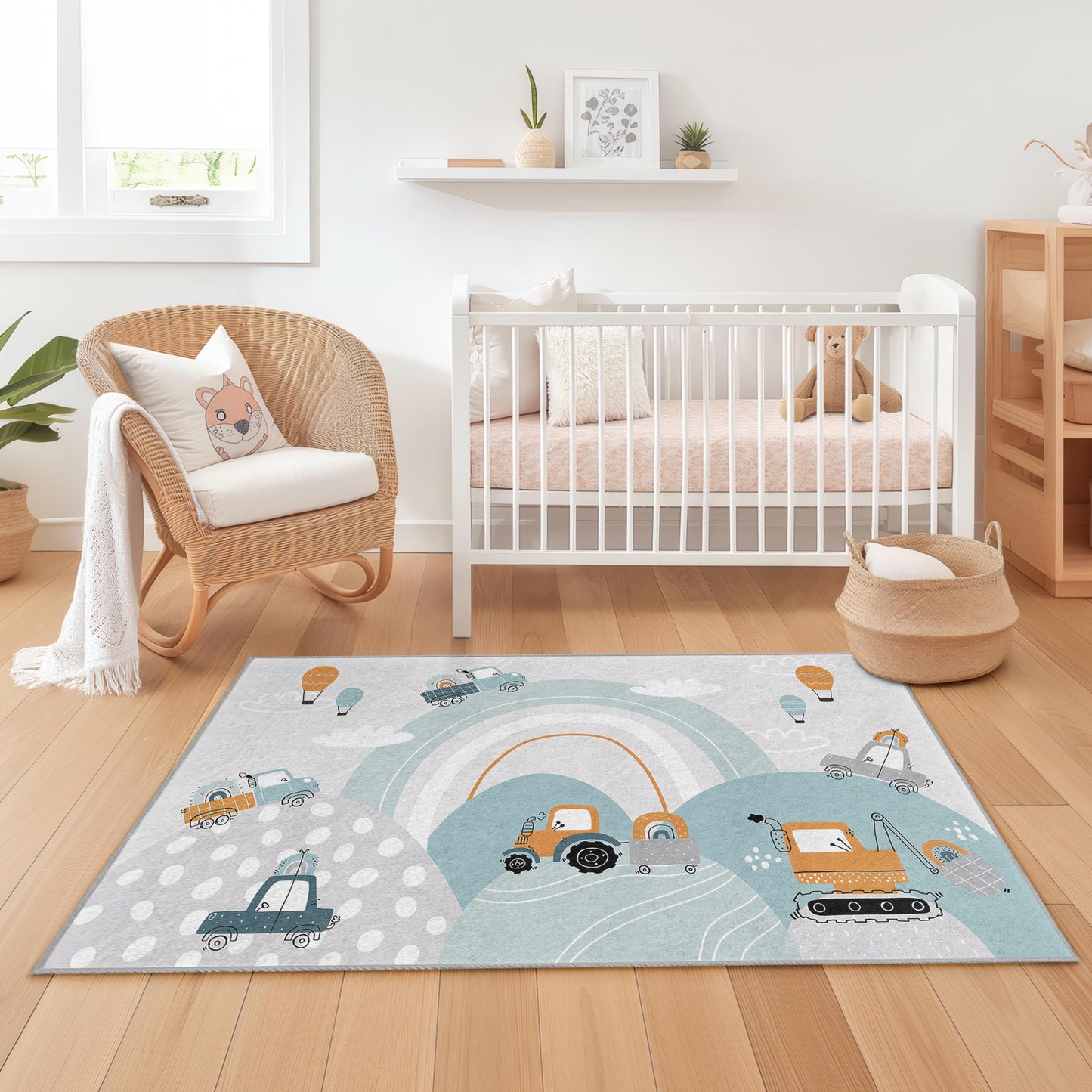Construction Zone Kids Rug, Excavator and Truck Design, Rectangular Play Rug, Soft Nursery Carpet, Kids Room Decor