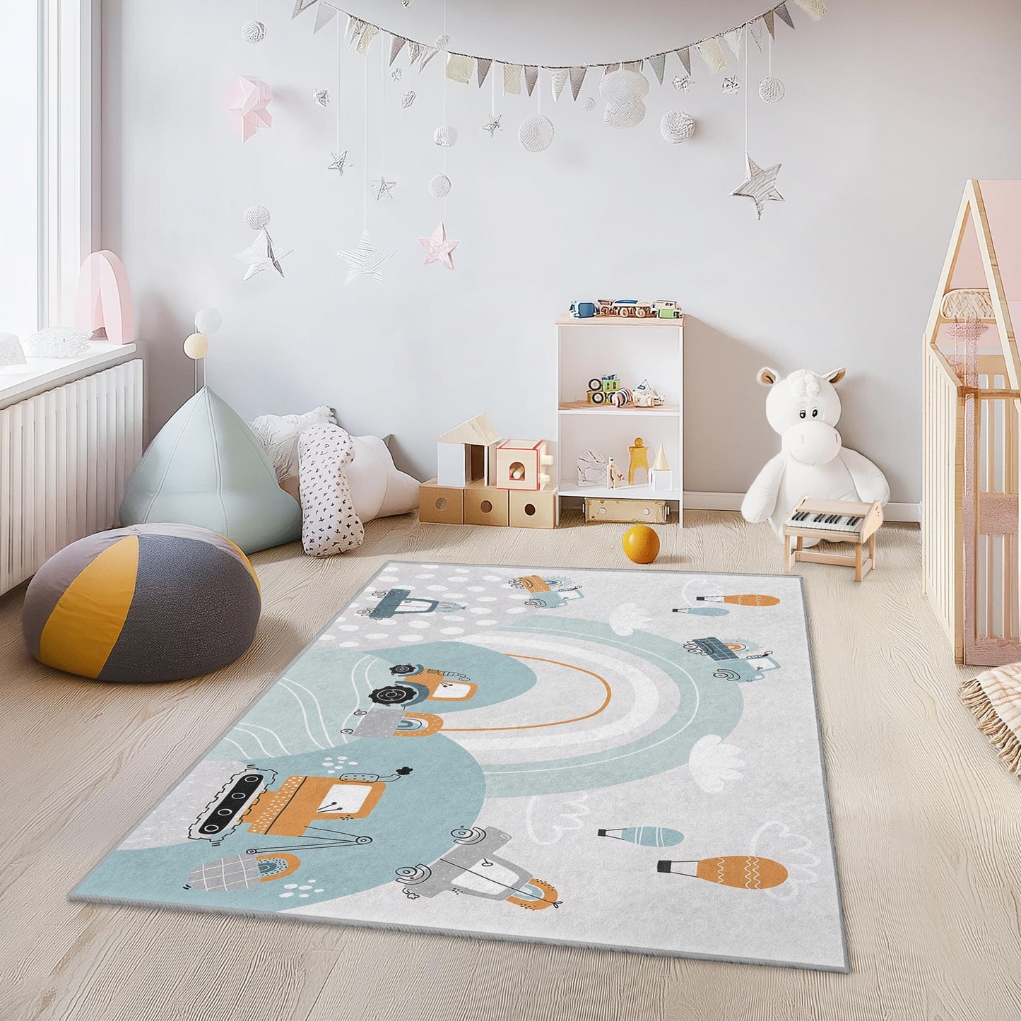 Construction Zone Kids Rug, Excavator and Truck Design, Rectangular Play Rug, Soft Nursery Carpet, Kids Room Decor