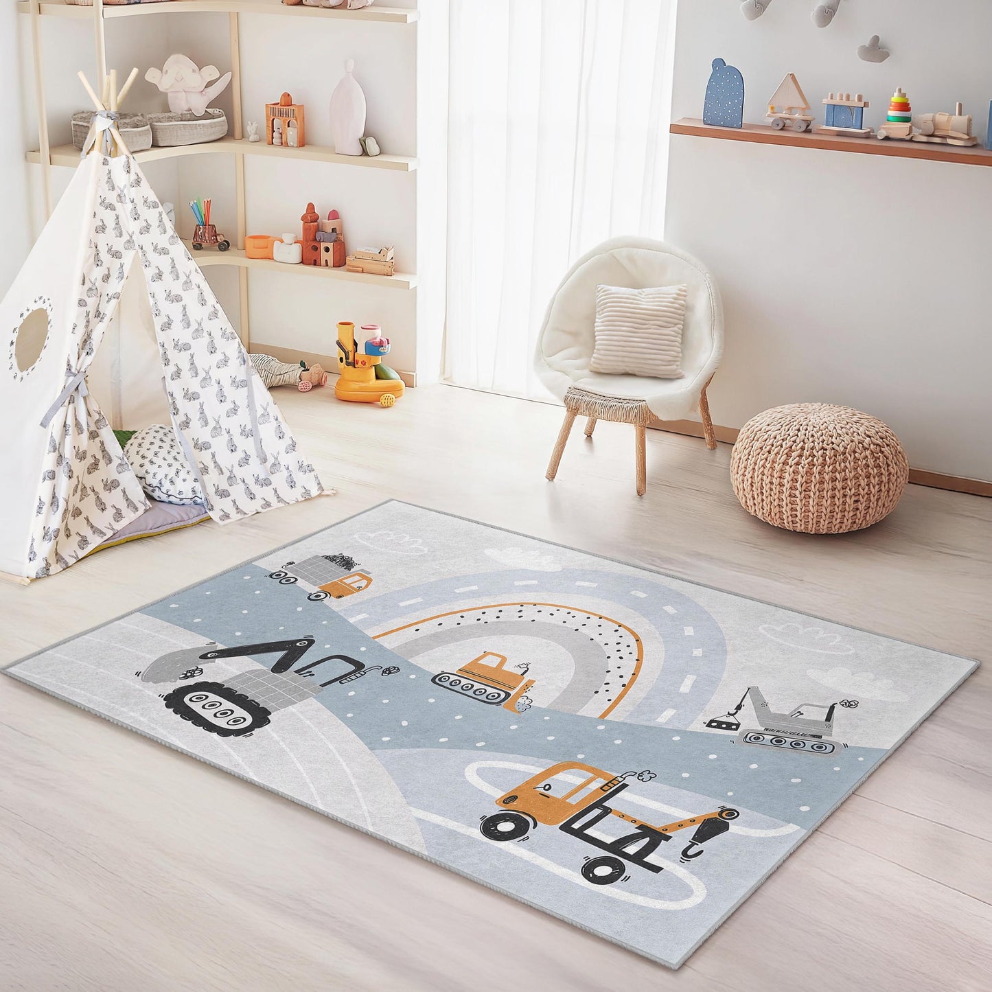 Construction Themed Kids Rug, Excavator and Dump Truck Play Mat, Rectangle Kids Room Carpet, Soft Nursery Decor, Playroom Essentials