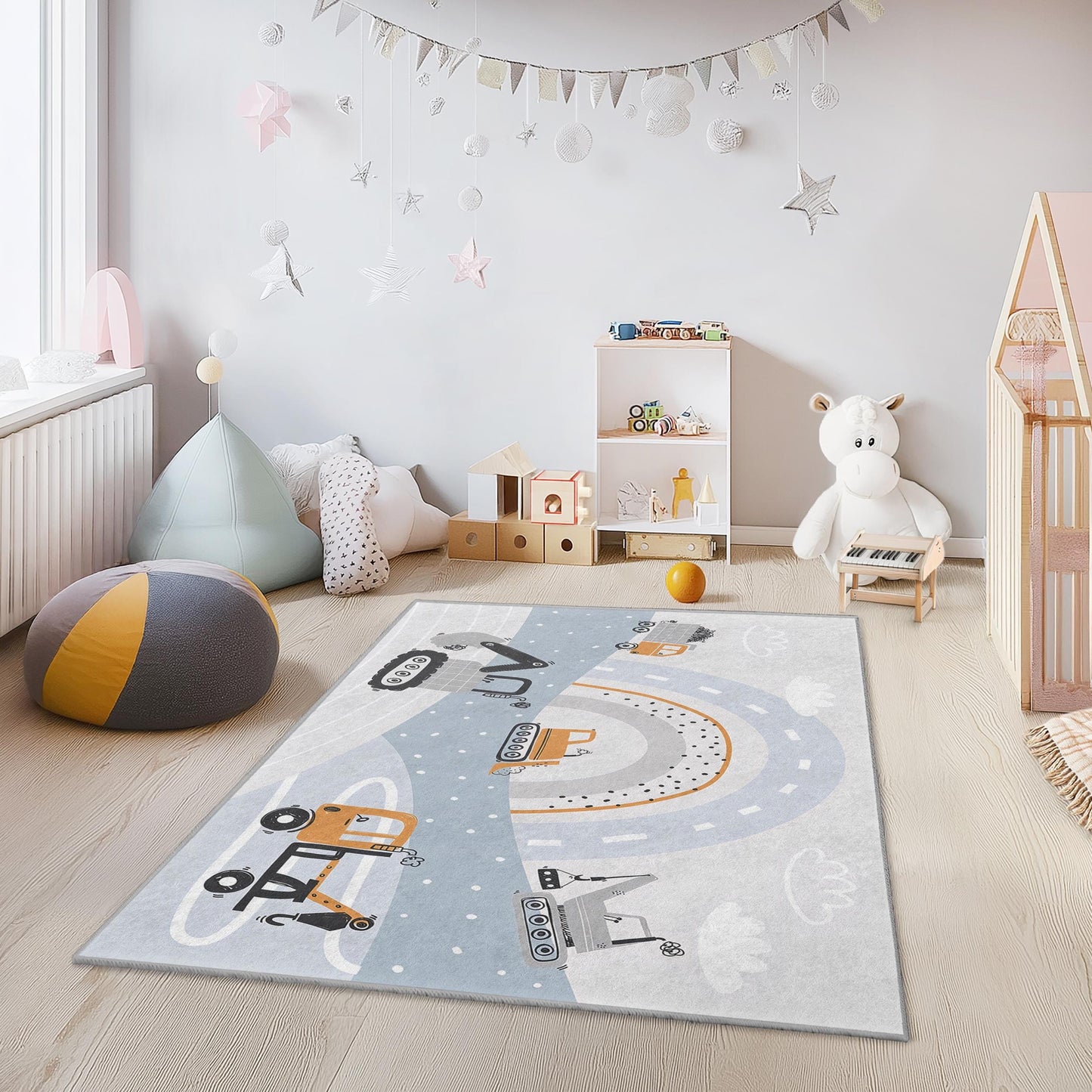 Construction Themed Kids Rug, Excavator and Dump Truck Play Mat, Rectangle Kids Room Carpet, Soft Nursery Decor, Playroom Essentials