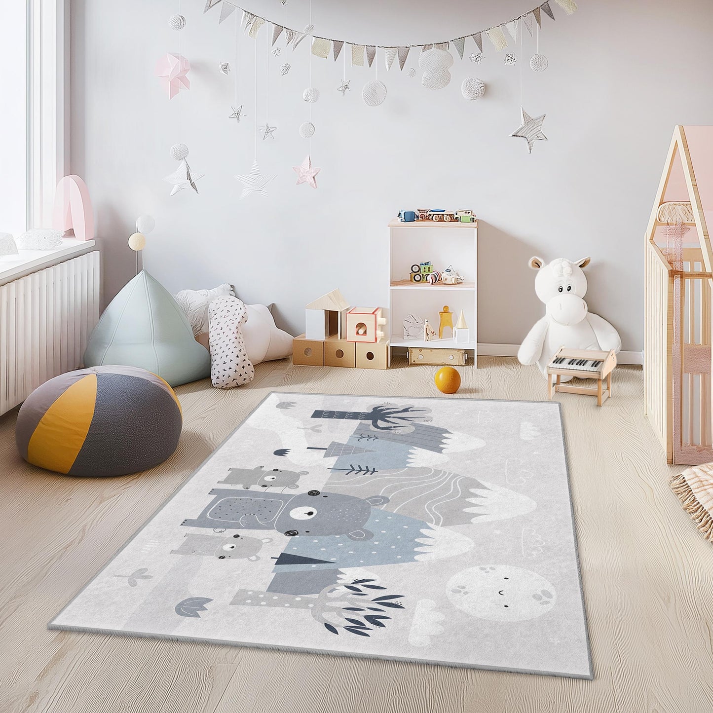 Cute Bear Family Rectangular Kids Rug, Animal Themed Nursery Rug, Cozy Playroom Carpet, Grey Kids Room Decor, Soft Bear Mat
