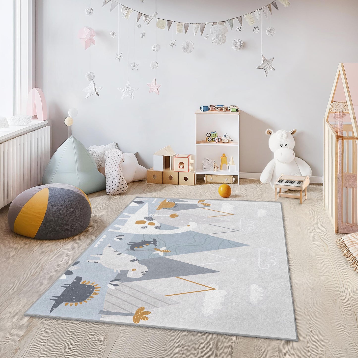 Dinosaur Adventure Kids Rug, Cute Dinosaur Theme Rectangle Rug for Children's Room, Soft Playroom Carpet, Nursery Decor