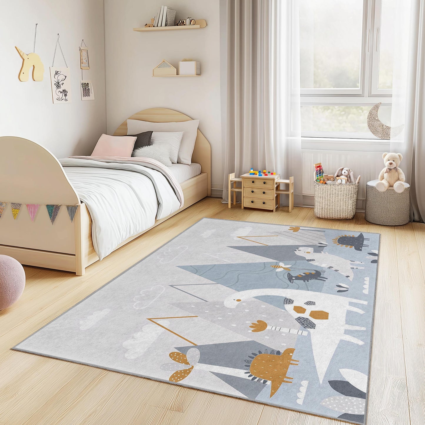 Dinosaur Adventure Kids Rug, Cute Dinosaur Theme Rectangle Rug for Children's Room, Soft Playroom Carpet, Nursery Decor