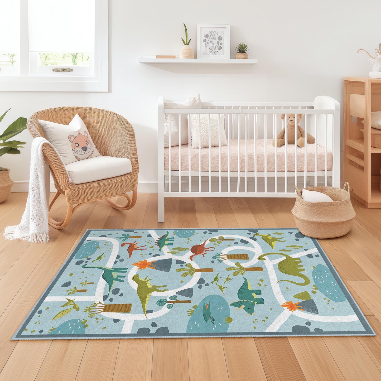 Dinosaur Adventure Kids Rug, Rectangular Playroom Carpet, Interactive Dinosaur Map Rug for Children's Room, Soft Nursery Decor