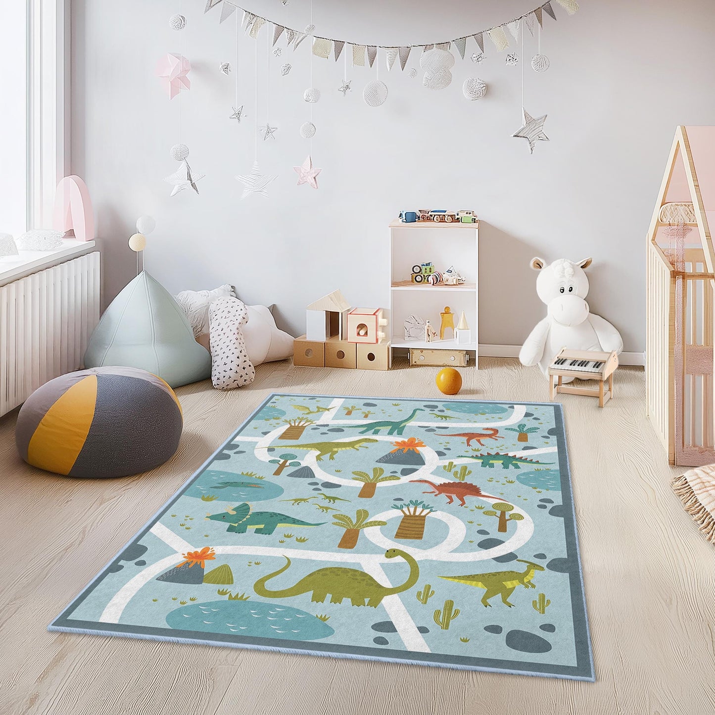 Dinosaur Adventure Kids Rug, Rectangular Playroom Carpet, Interactive Dinosaur Map Rug for Children's Room, Soft Nursery Decor