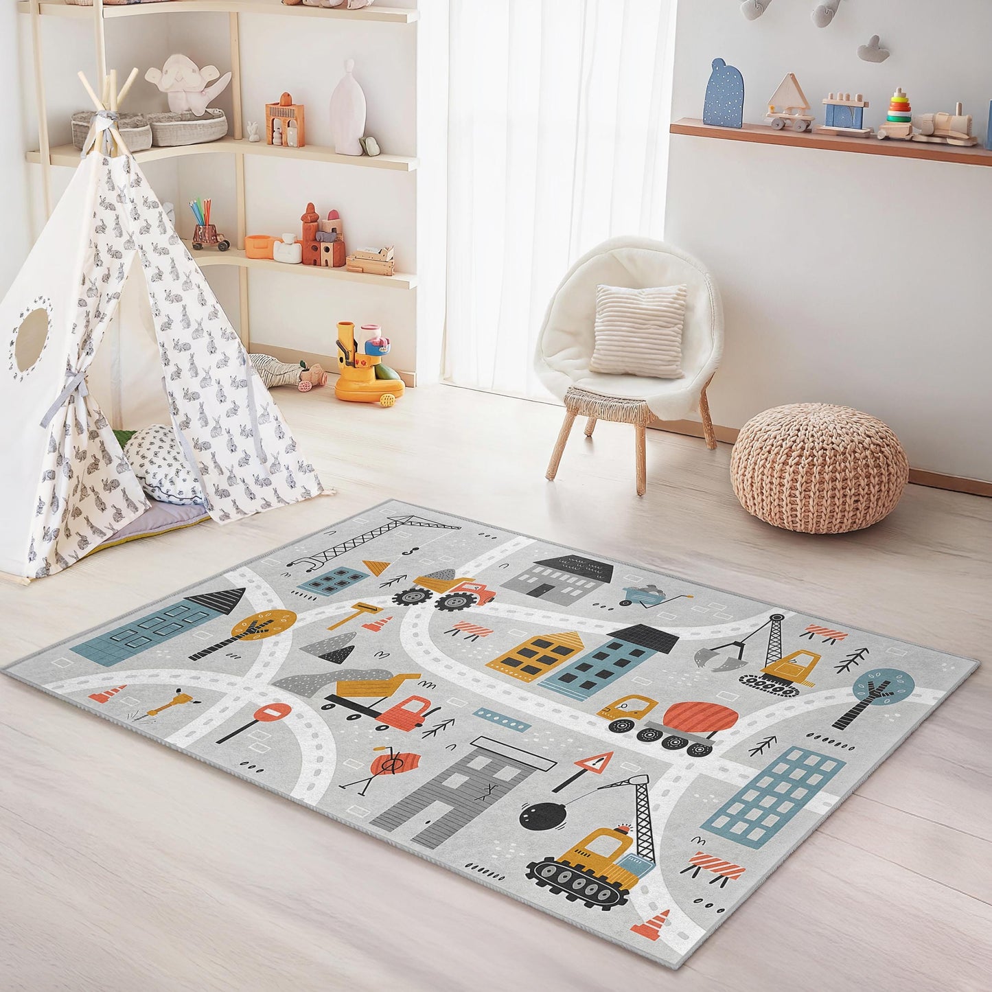 Construction Zone Rectangle Kids Rug, Colorful Building Trucks Carpet, Playroom Decor, Nursery Rug, Kids Room Mat