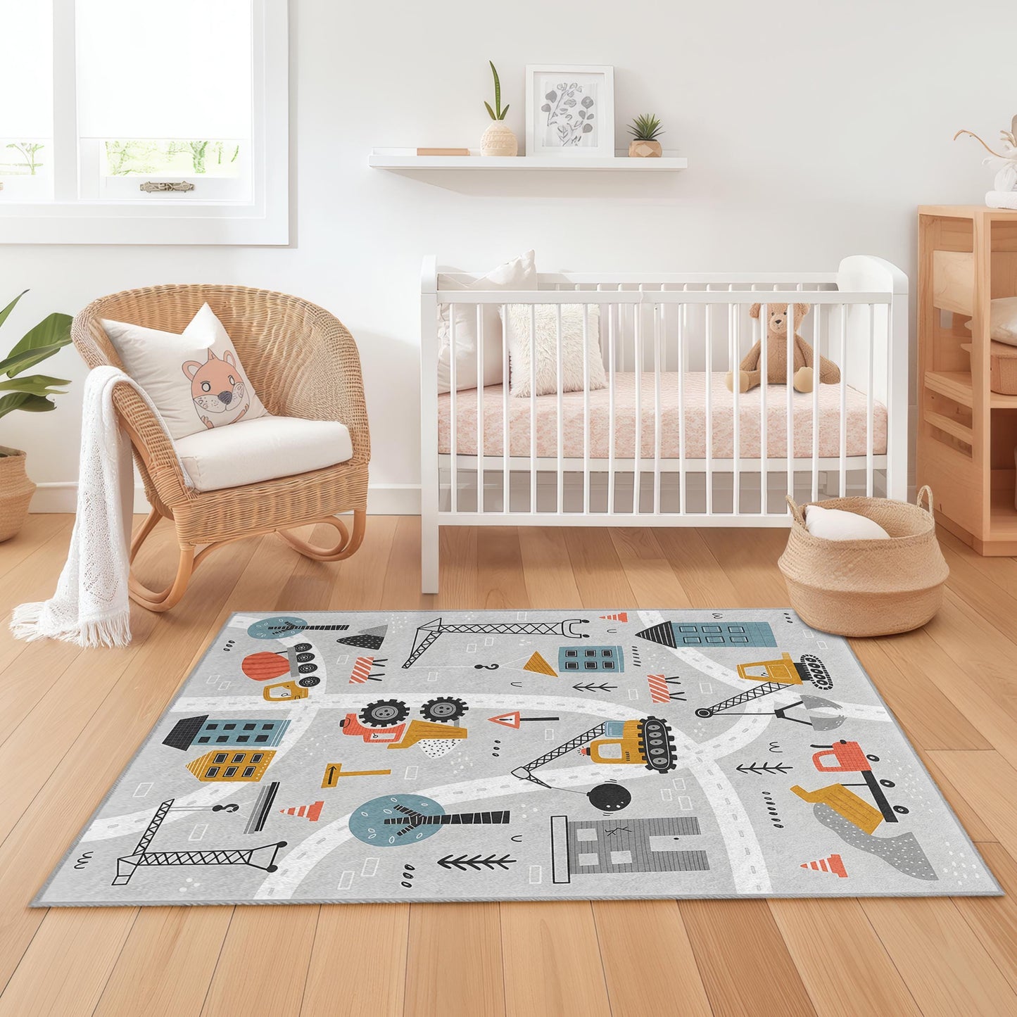 Construction Site Kids Rug, Rectangular Play Mat, Soft Carpet for Children's Room, Fun Building Theme, Nursery Decor