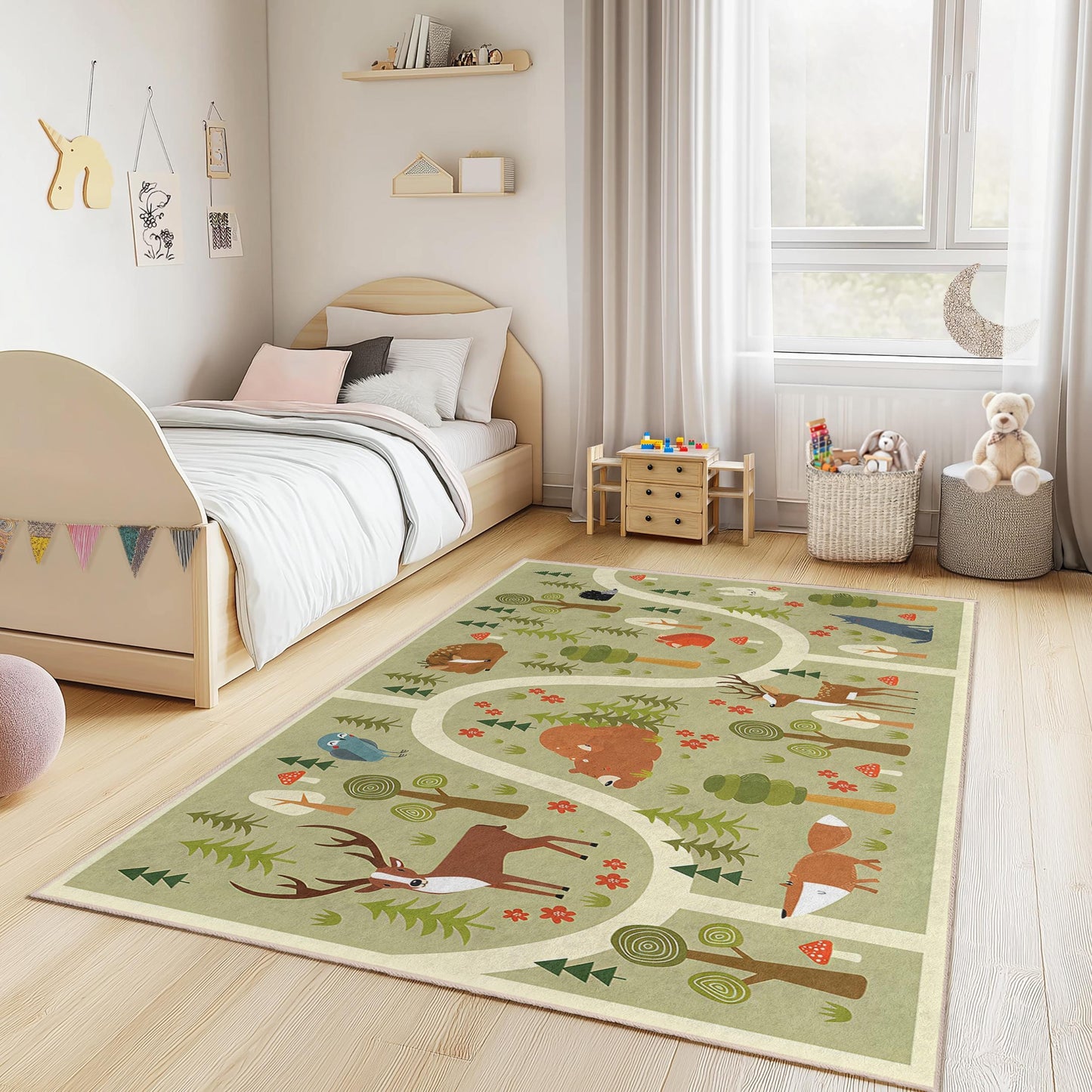 Forest Adventure Kids Rug, Animal Theme Rectangular Carpet, Playroom Decor, Nursery Rug, Kids Room Soft Floor Mat