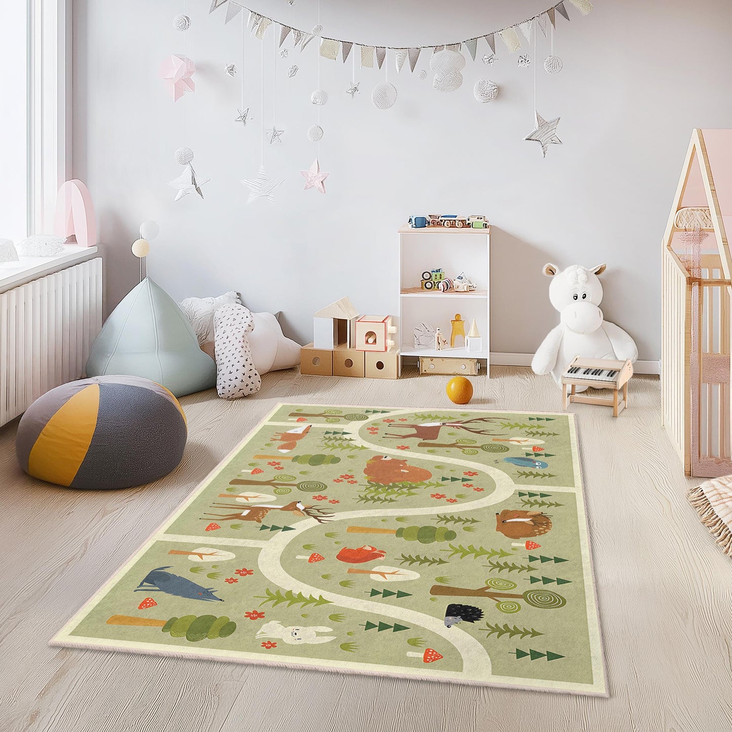 Forest Adventure Kids Rug, Animal Theme Rectangular Carpet, Playroom Decor, Nursery Rug, Kids Room Soft Floor Mat